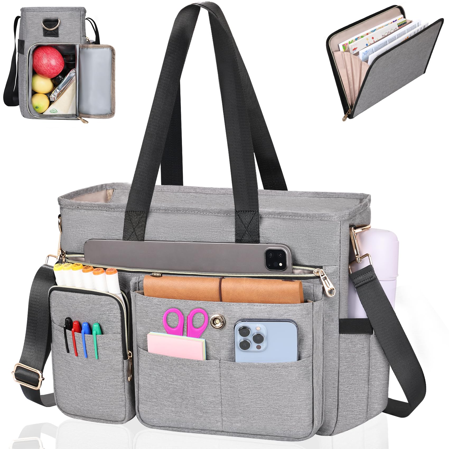 Prokva Teacher Tote Bag With Accordion File Organizer Pocket, Large Teacher Work Utility Bag For Women, Black (Patent Design - View #4