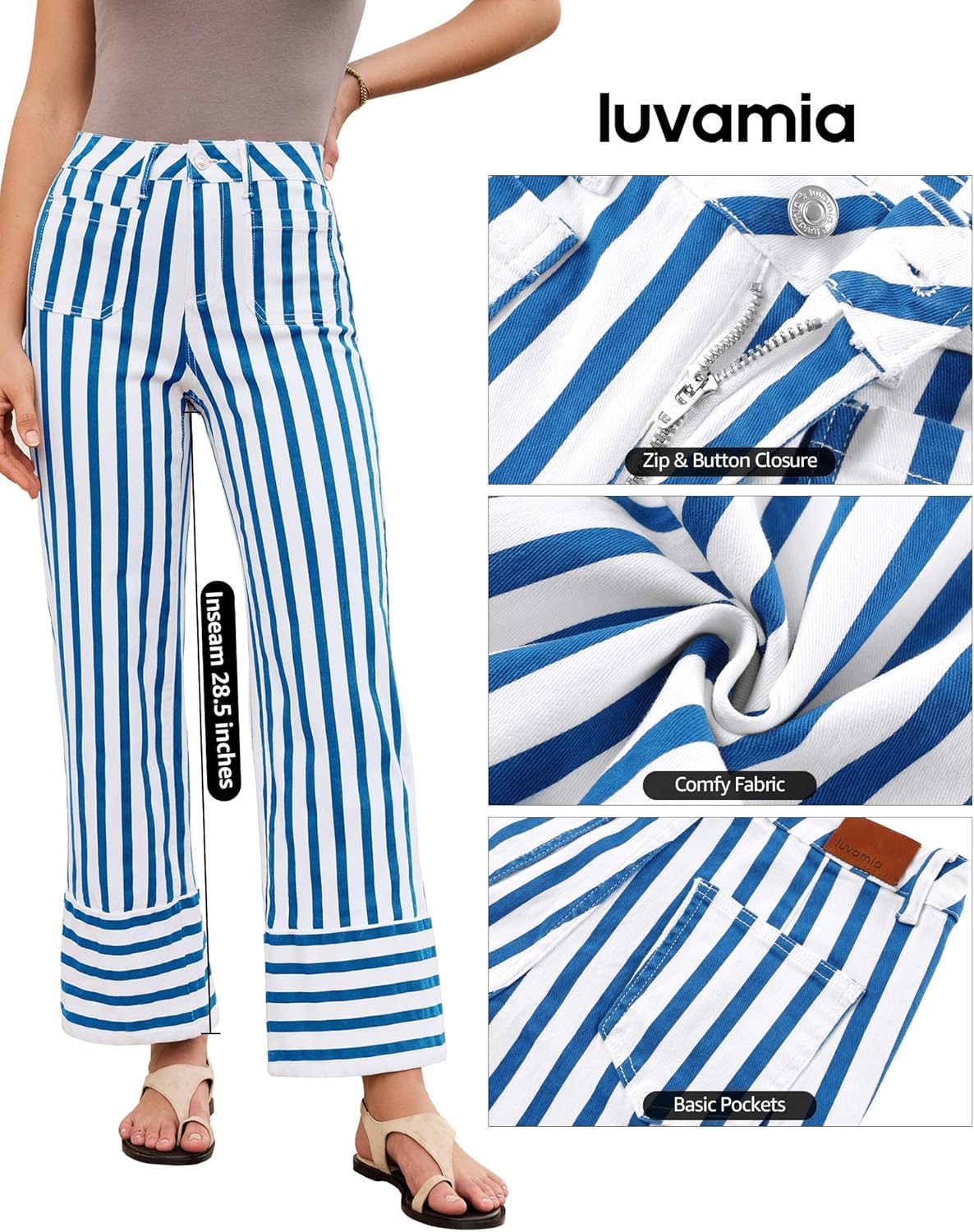 luvamia Striped Jeans for Women Wide Leg High Waisted Trendy Patch Pockets Stretchy Denim Pants Casual Trouser Jeans - Image 6