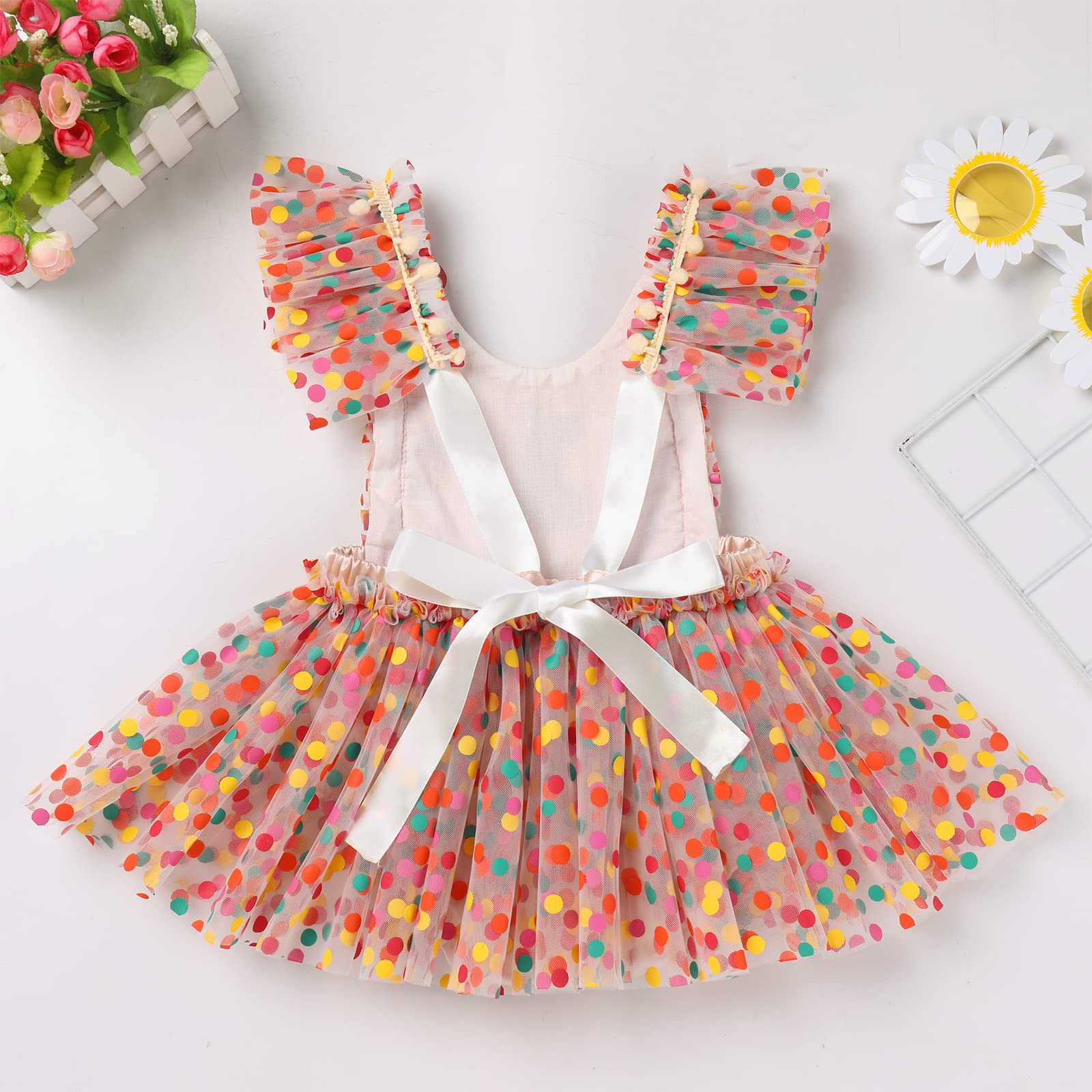 Baby Girls 1st Birthday Outfit Colorful Polka Dots Daisy Tulle Dresses Ruffle Shoulder Straps Sleeveless Vintage Princess Party Romper Tutu Dress Sparkling Cake Smash Clothes Apricot Polka Dot 1 Year