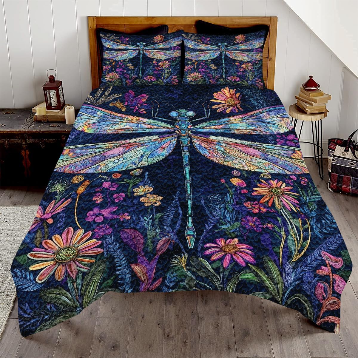 PRINTED Dragonfly Quilt - Customizable Sizes (Twin, Full, Queen, King), Ultra-Soft Cotton, Nature Bedding, Cozy Throw Insect Decor gift for Mom, Grandmom on Mother's day (Dragonfly Wallpaper)
