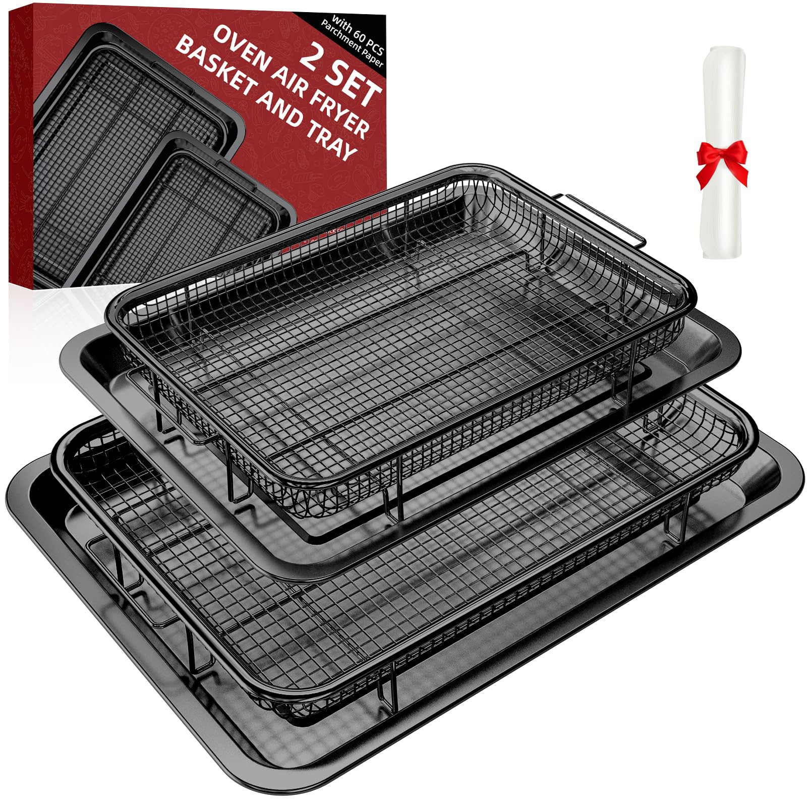 Air Fryer Basket, 2 Set Oven Air Fryer Basket and Tray with 60 PCS Parchment Papers, DEGOVIN Crisper Tray Non-stick Stainless Steel Air Fry Pans for Convection Oven(15.8" × 11" 13" × 9.7"-Black)