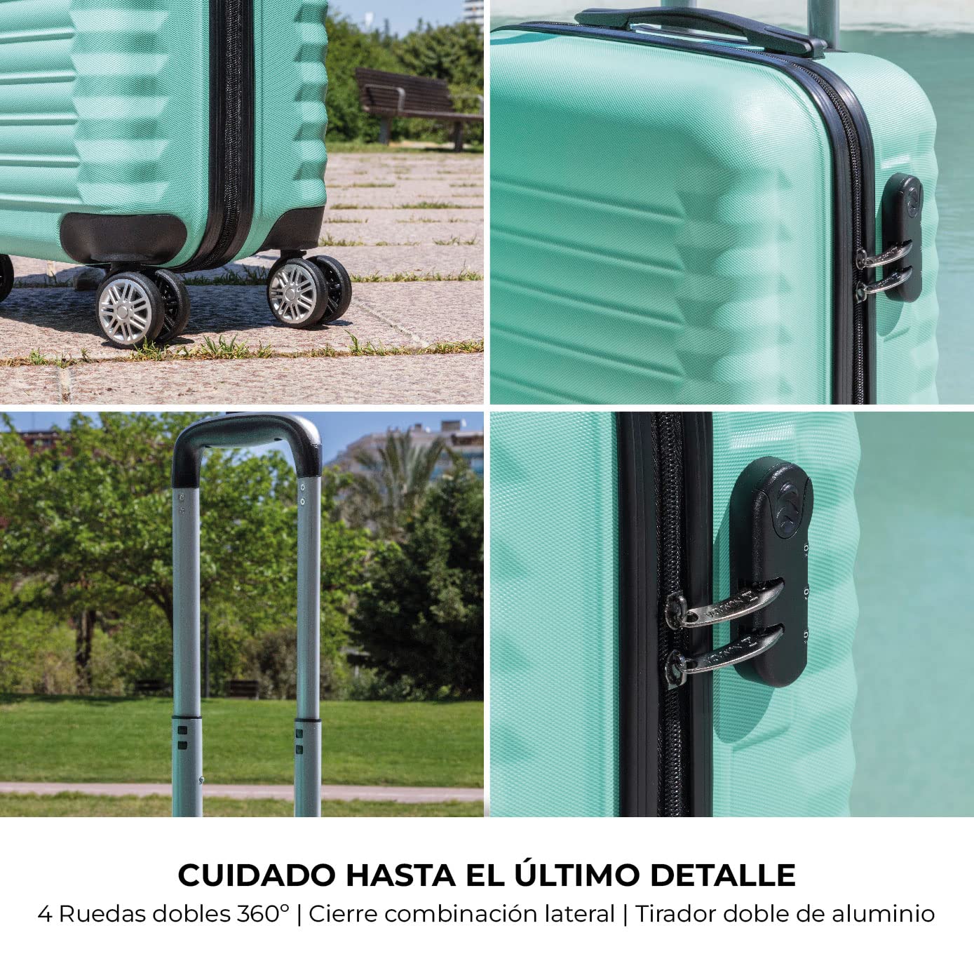 NUMADA-Juego de Maletas Rígidas 3pzs. Maleta Cabina 53cm, Maleta Mediana 63cm y Neceser. Set de Maletas de Viaje ABS Eco Friendly, 4 Ruedas Dobles, Resistentes, Ligeras y Seguras (Verde)