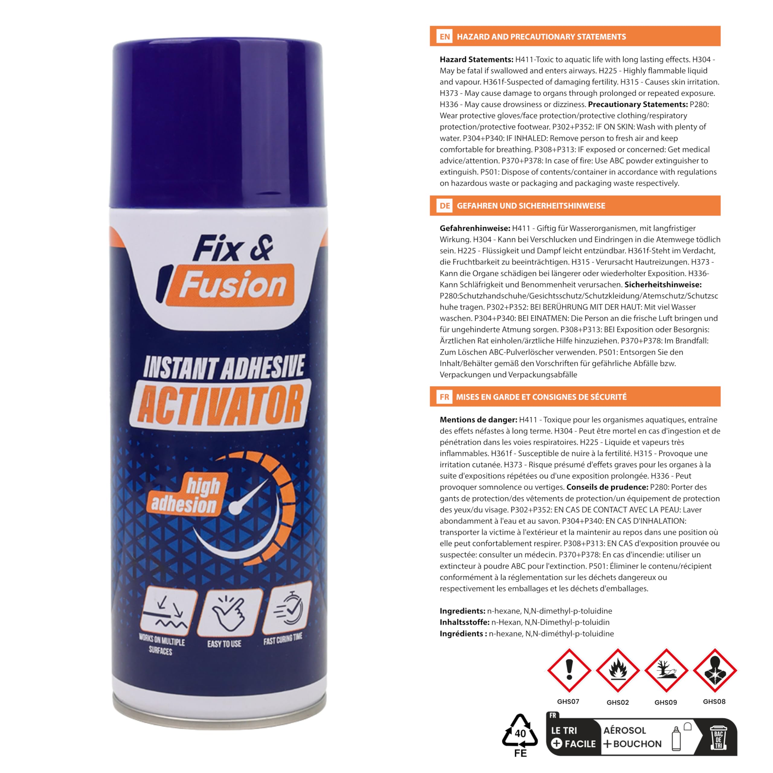 FIX & FUSION Spray Activador 400 Ml, Acelerador Para Pegamento Cianoacrilato CA, Secado Rápido, Para Madera, Plástico, Goma Y Granito, Uso Bricolaje, 12 Piezas