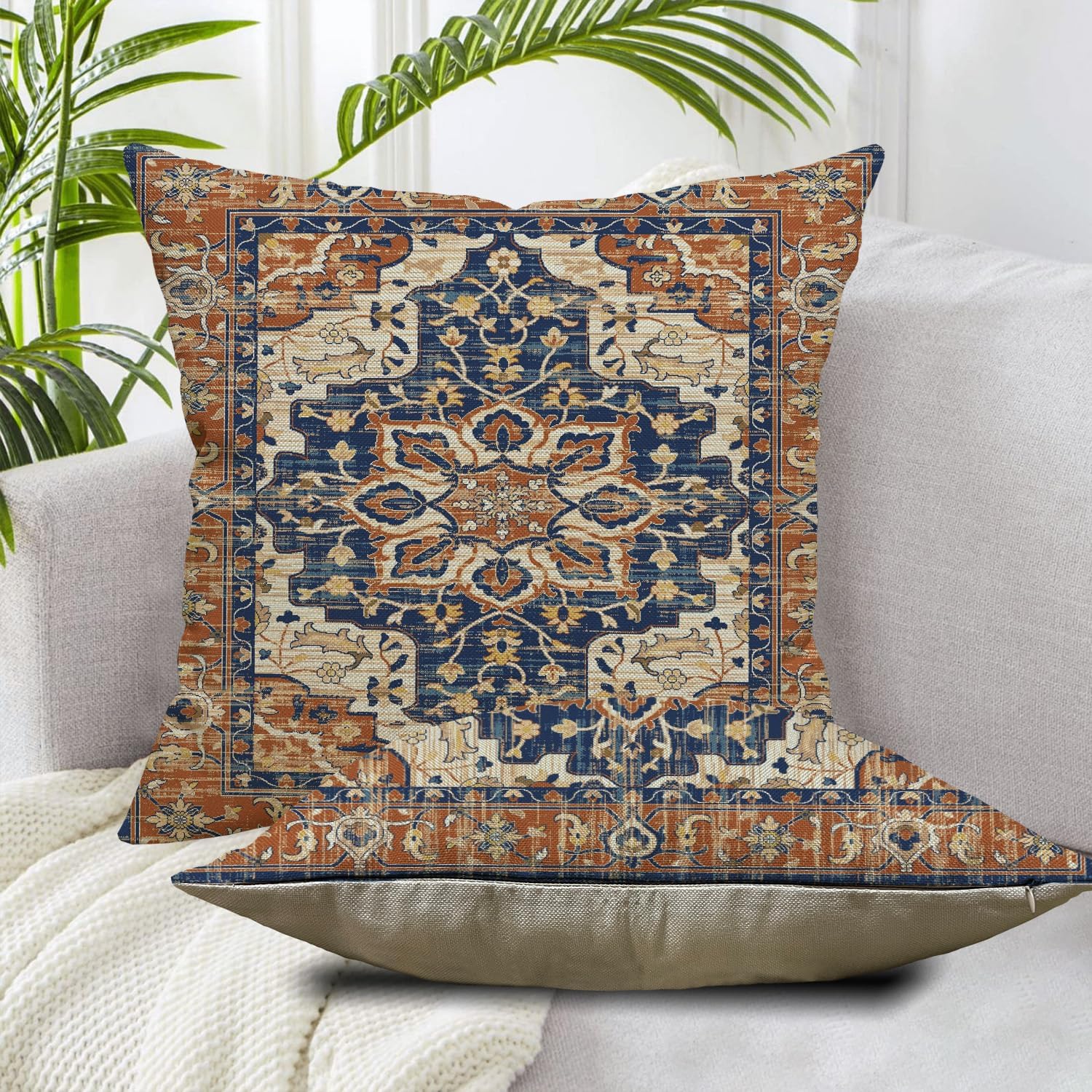 Boho Throw Pillow Covers 18x18 Set of 2,Blue Orange Boho Ethnic Outdoor Pillows Cover Fall Autumn Vintage Western Country Bohemian Decorative Pillow Cases for Couch Bed Living Room Decor - Image 6