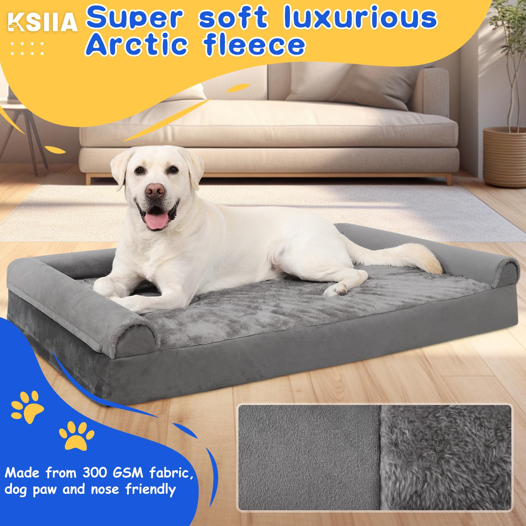 KSIIA Legowisko dla dużych psów ortopedyczne, Łóżko dla psa, poduszka dla psa 121x76x18cm zdejmowana sofa dla psa, zmywalne antypoślizgowe, XXL Szary