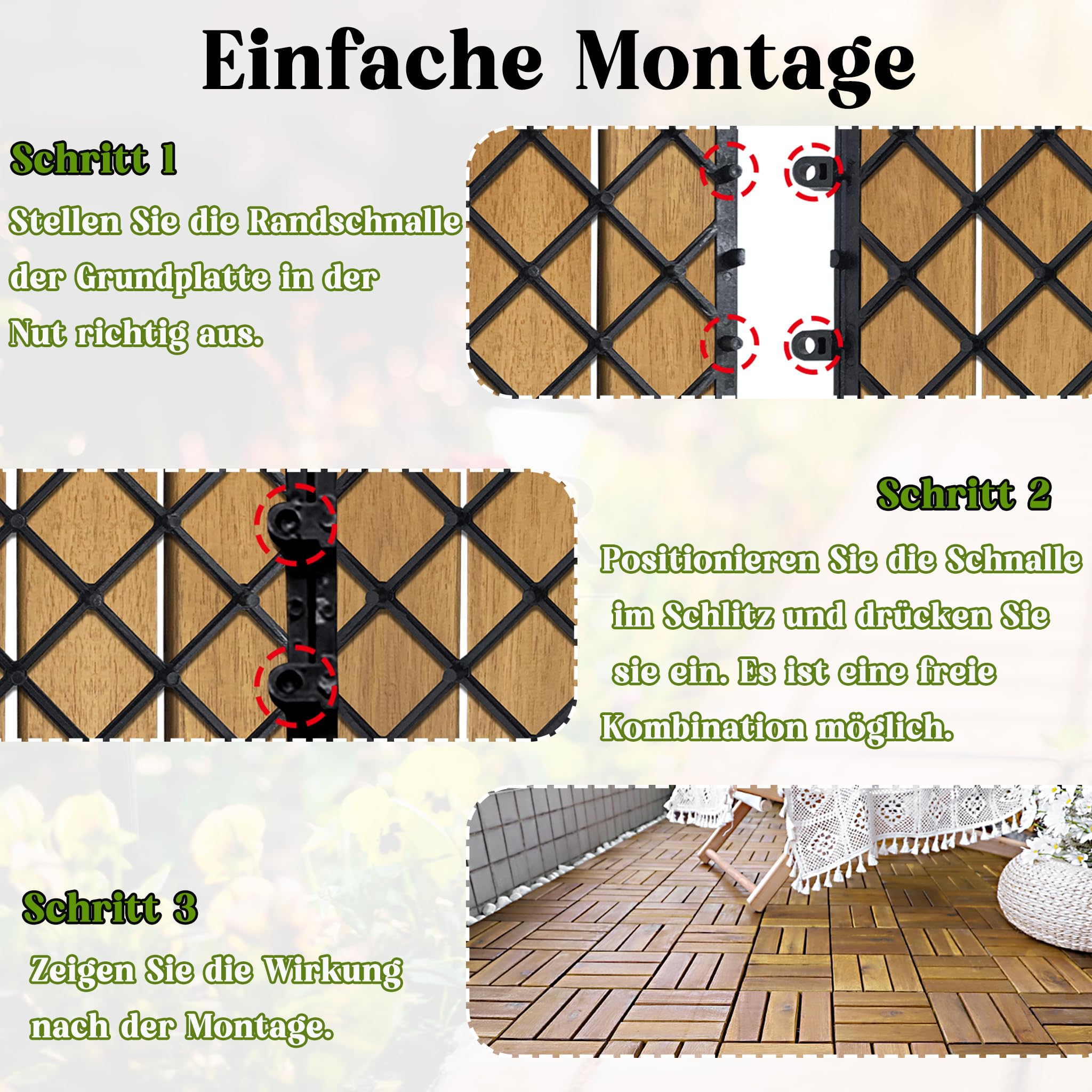 XMTECH Baldosas de madera de 1 m² con clic, de madera de acacia, azulejos de balcón, juego de 11 unidades, 30 x 30 cm, con sistema de drenaje y sistema de clic (modelo B)