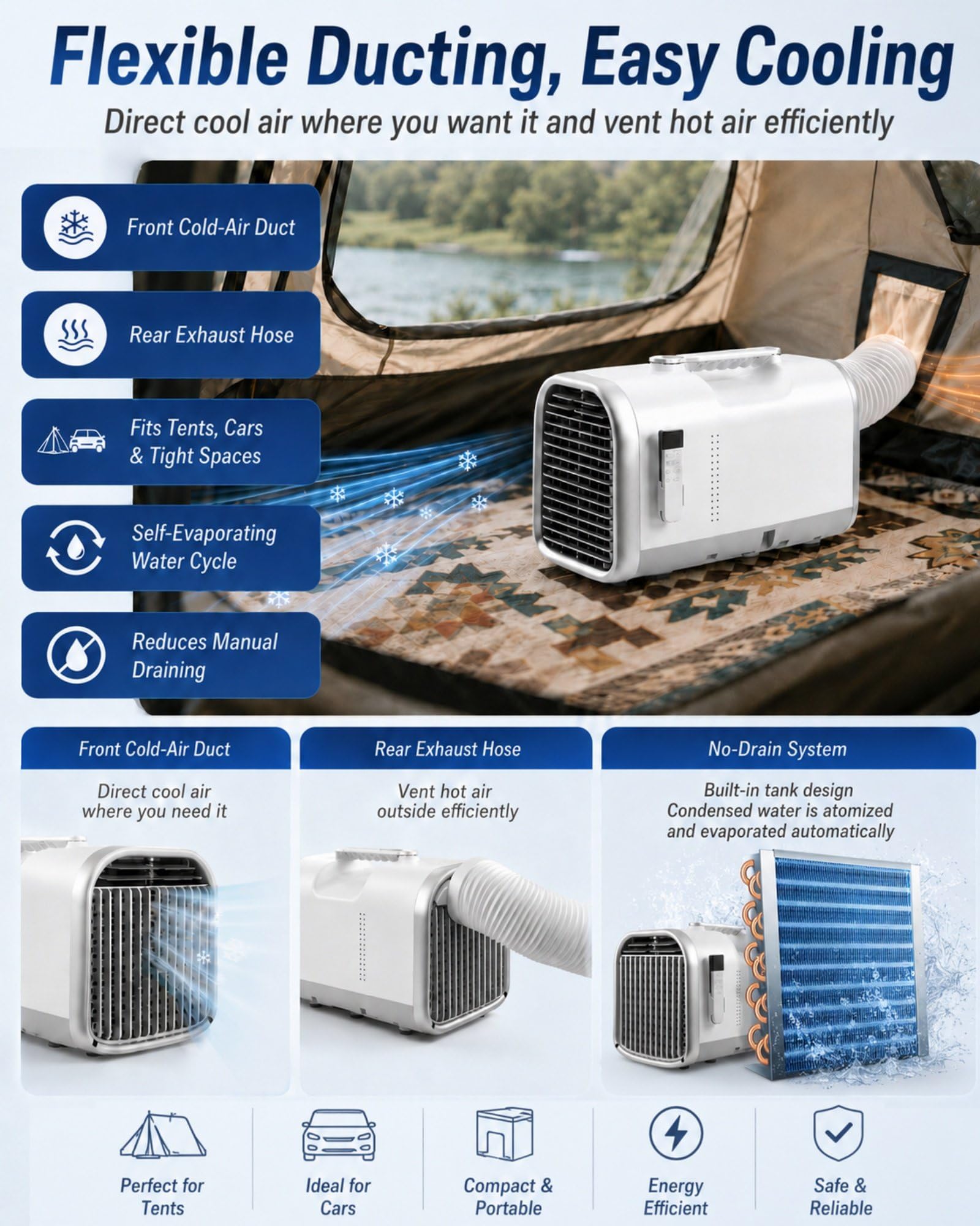 Przenośny klimatyzator 5100 BTU, mobilny klimatyzator na kemping, namiot, sypialnię, ciężarówkę, samochód kempingowy i na zewnątrz, 400 W, timer 1-12H, 4 tryby, 7,4-9,3 m²