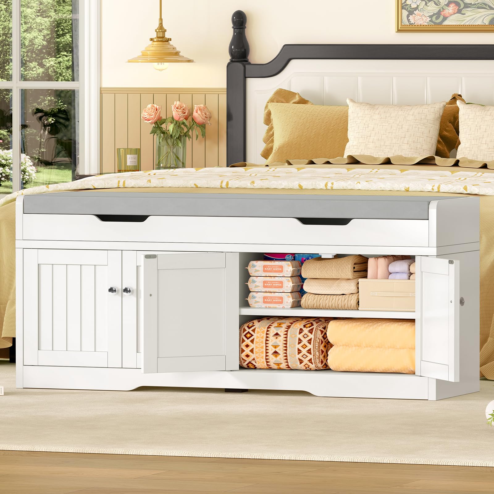 TEENFON 120 cm (B) Banco Zapatero con Asiento, Banco Recibidor, Zapatero con Almacenamiento y Asiento Acolchado, Estantes Regulables y Compartimento Oculto, Soporta 136 kg, Blanco, 120×35×50 cm