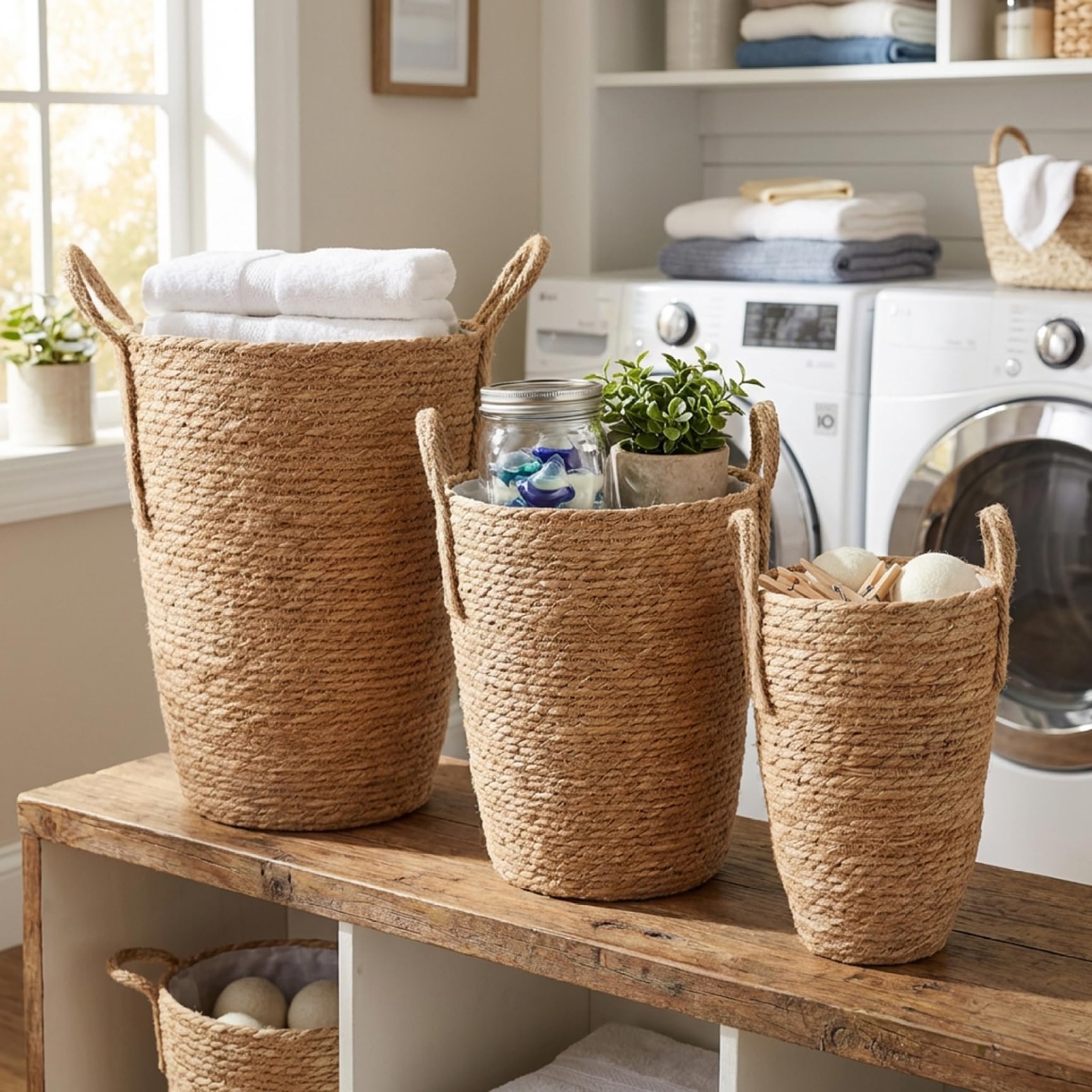 Lot de 3 Pots de Fleurs en rotin, 3 Tailles, Panier à Plantes tissé en jonc mer avec Doublure imperméable, paniers à Plantes d'intérieur avec poignée pour Balcon, décoration la Maison
