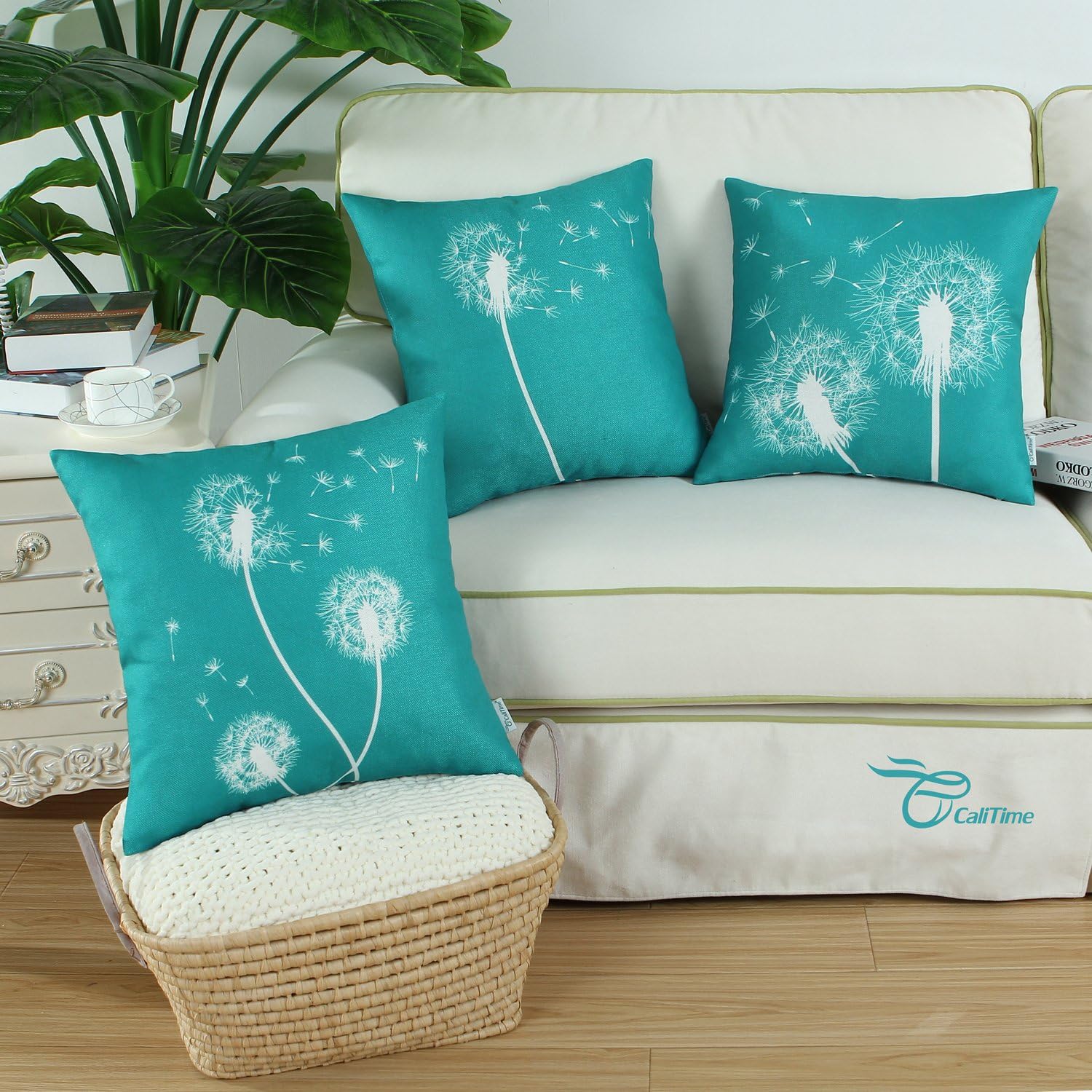 CaliTime Set of 3 Soft Canvas Throw Pillow Covers Cases for Couch Sofa Home Decoration 18 X 18 Inches Solid Dandelion Print Teal