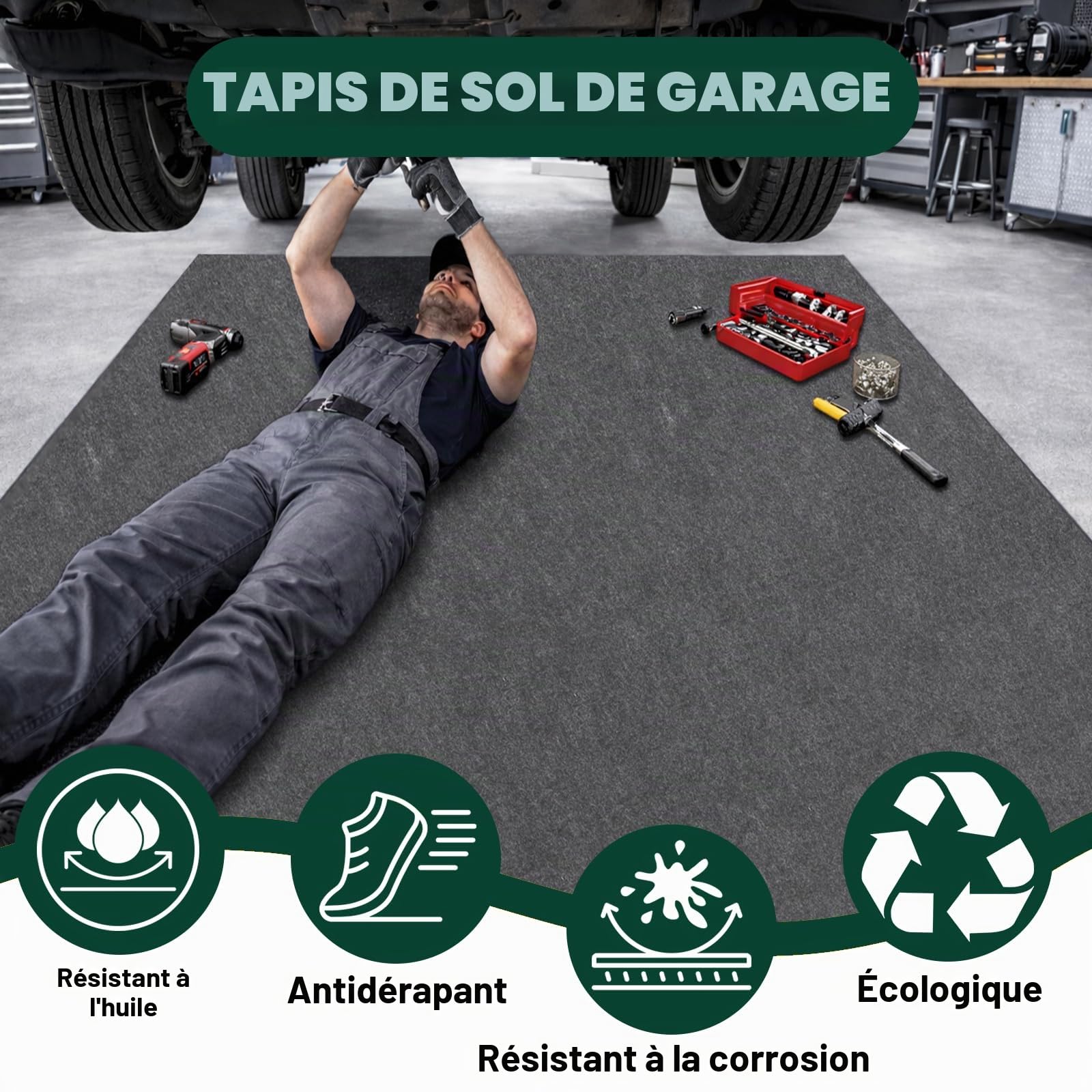 Tapis de Sol de Garage 100 x 300 cm, Absorbant et Imperméable, 2 Pièces