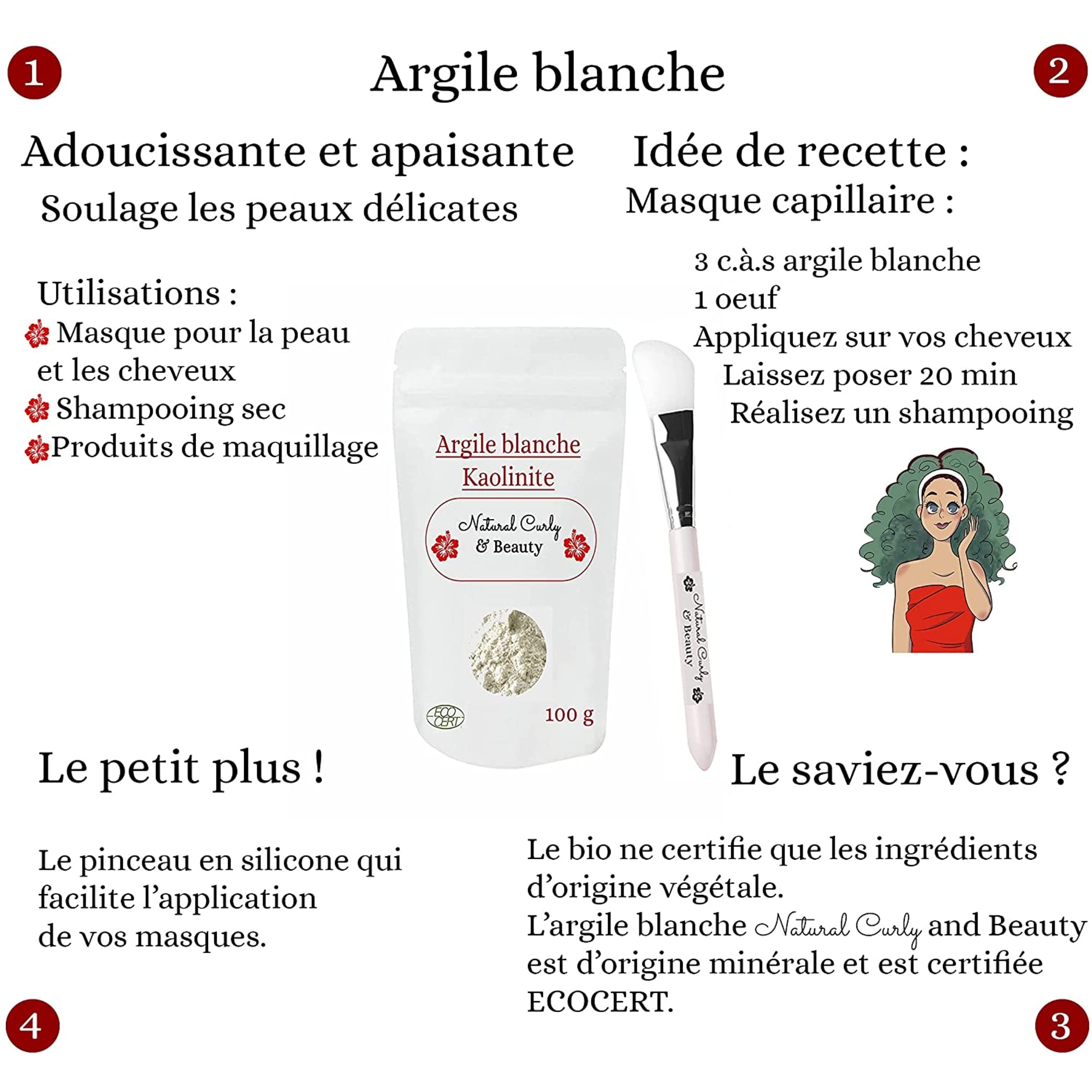 Argile blanche kaolin avec pinceau applicateur de masque en SILICONE -VISAGE, CORPS et CHEVEUX- Certifiée Eco-Cert -Reminéralise et favorise l'élimination des toxines