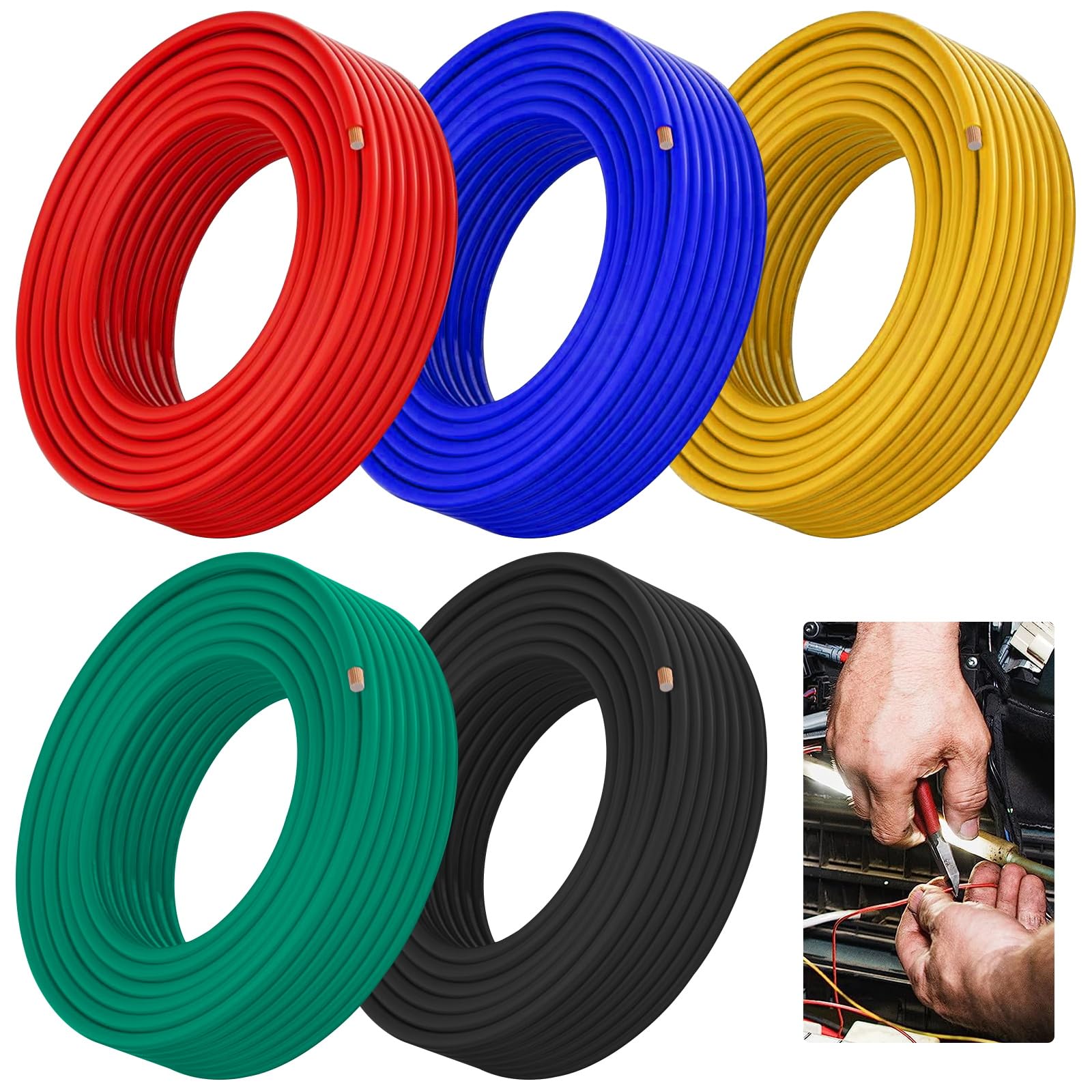 Cavo per Auto 1,0 mm², Filo in PVC 5 m x 5 colori FLRY-B Cavo Elettrico in Rame, Filo di Alimentazione per Auto, Rosso, Nero, Blu, Verde, Giallo, 5 Metri per Anello