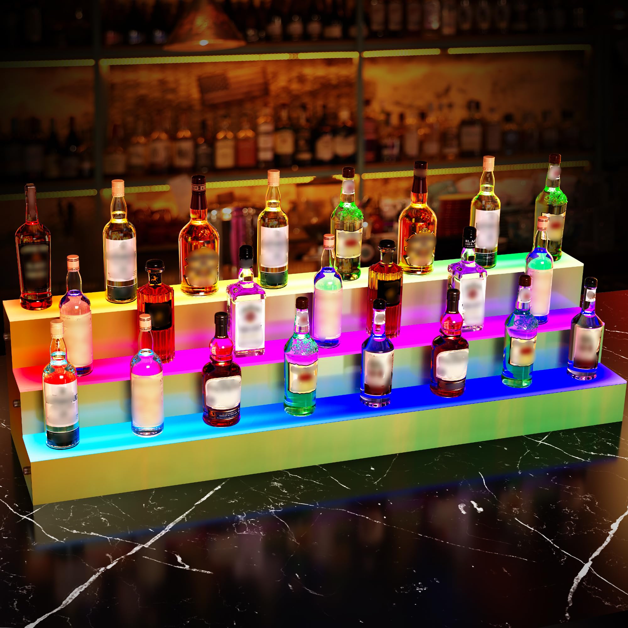 YITAHOME LED Liquor Bottle Display Shelf 3 Tier 40-Inch Lighted Bar Shelves Colorful Acrylic Storage Rack with Dazzling Panel RF Remote & App Control Supports Power Bank Multicolor Lighting Shelf