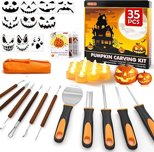 Shuttle Art Kit de 35 piezas de tallado de calabaza de Halloween, 11 herramientas profesionales de tallado de calabaza de acero inoxidable con 10