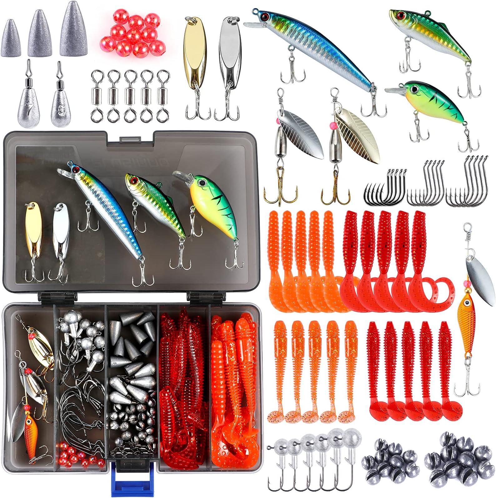 PLUSINNO Fishing Lures Fishing Tackle Box Fishing Gifts for Men, Bass, Trout Fishing Accessories Kit for Saltwater & Freshwater Fishing Gear Including Topwater Lures, Hooks, Spinnerbaits