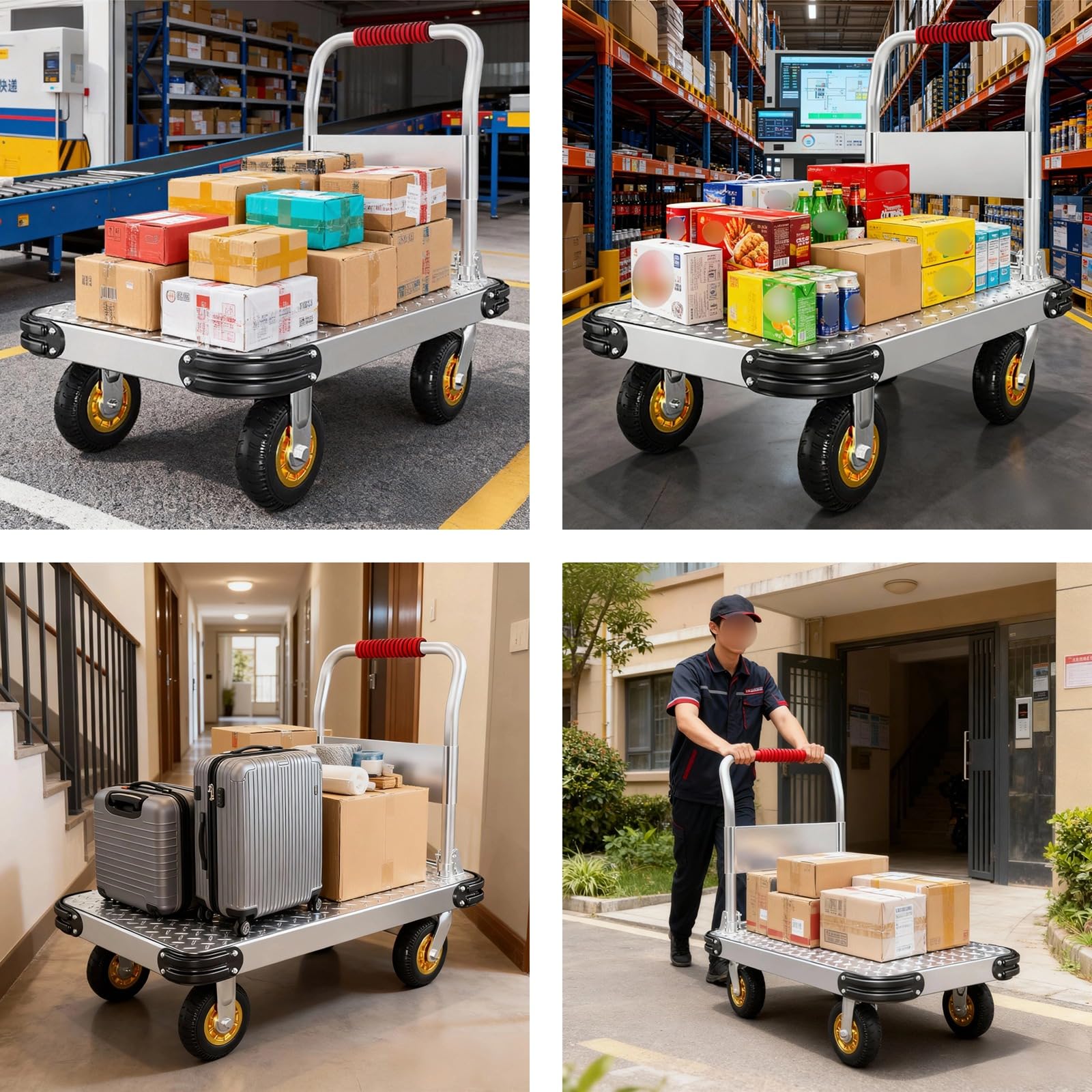 Carrello Trasporto Pieghevole Heavy Duty, Carrello in Acciaio con Maniglia Ergonomica, Piattaforma Antiscivolo, Ideale per Bagagli e Consegne (90×60cm)