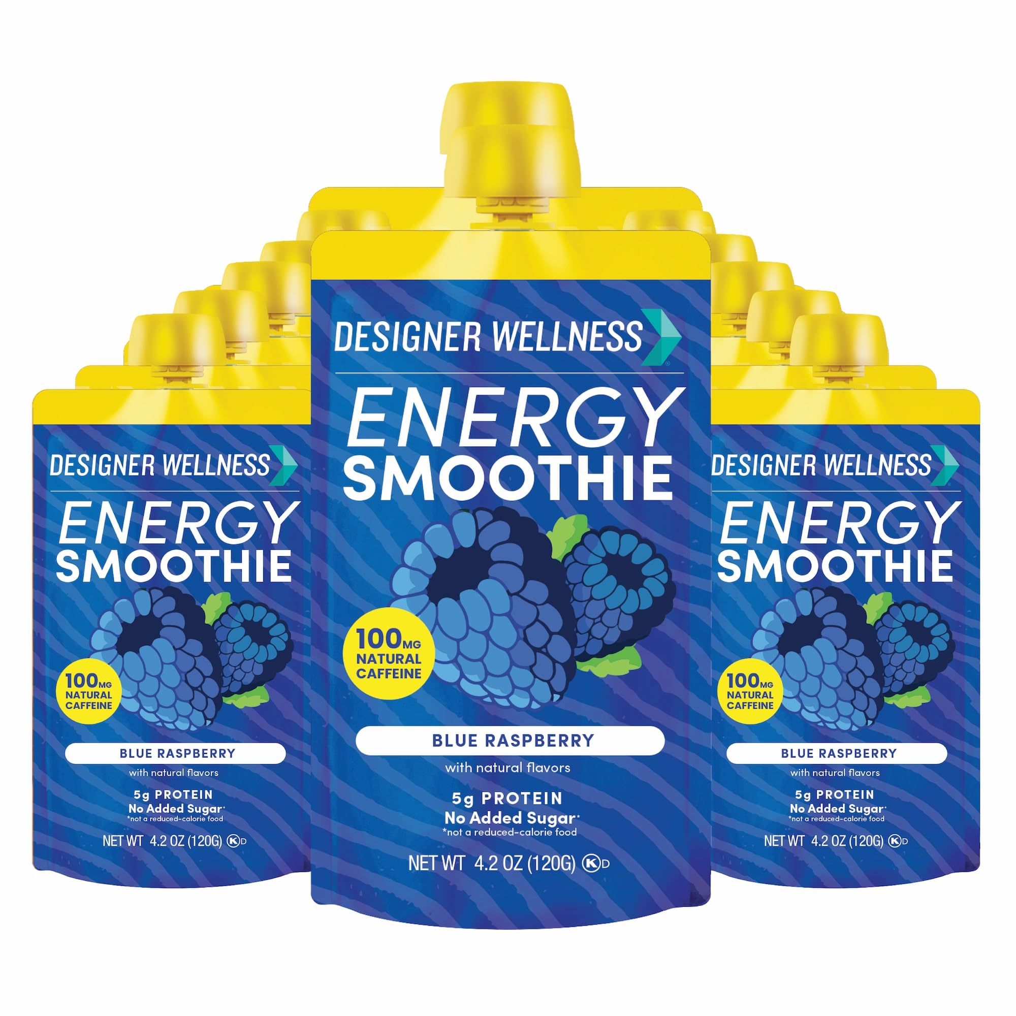 Designer Wellness Energy Smoothie, Real Fruit, 100mg Natural Caffeine, 5g Protein, Low Carb, Zero Added Sugar, Gluten-Free, Blue Raspberry, 12 Count