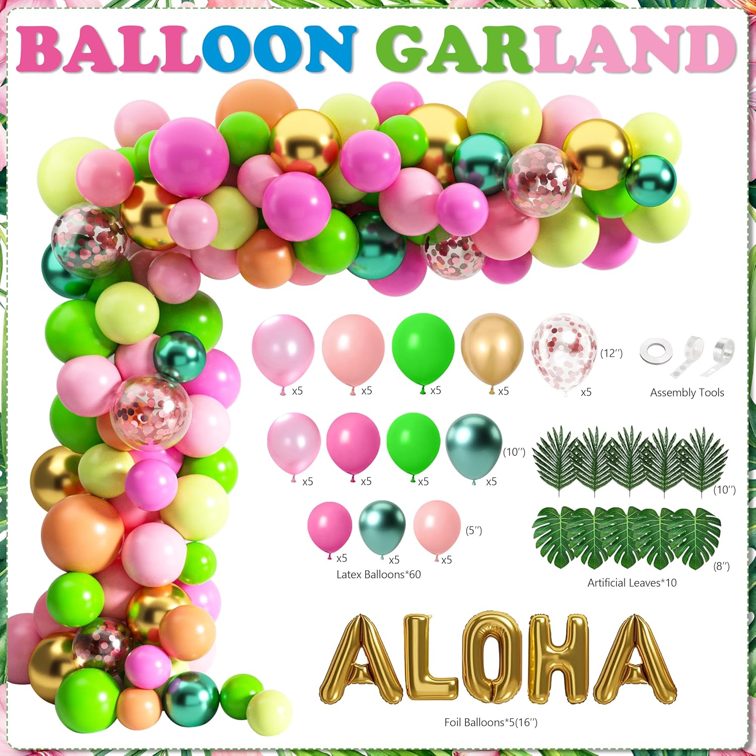 Hawaiian Luau Birthday Party Decorations - 192 Pcs Tropical Aloha Party Supplies with Fringe Curtains, Table Skirt, Balloon Arch Kit, Banner, for Beach Summer Holiday Theme