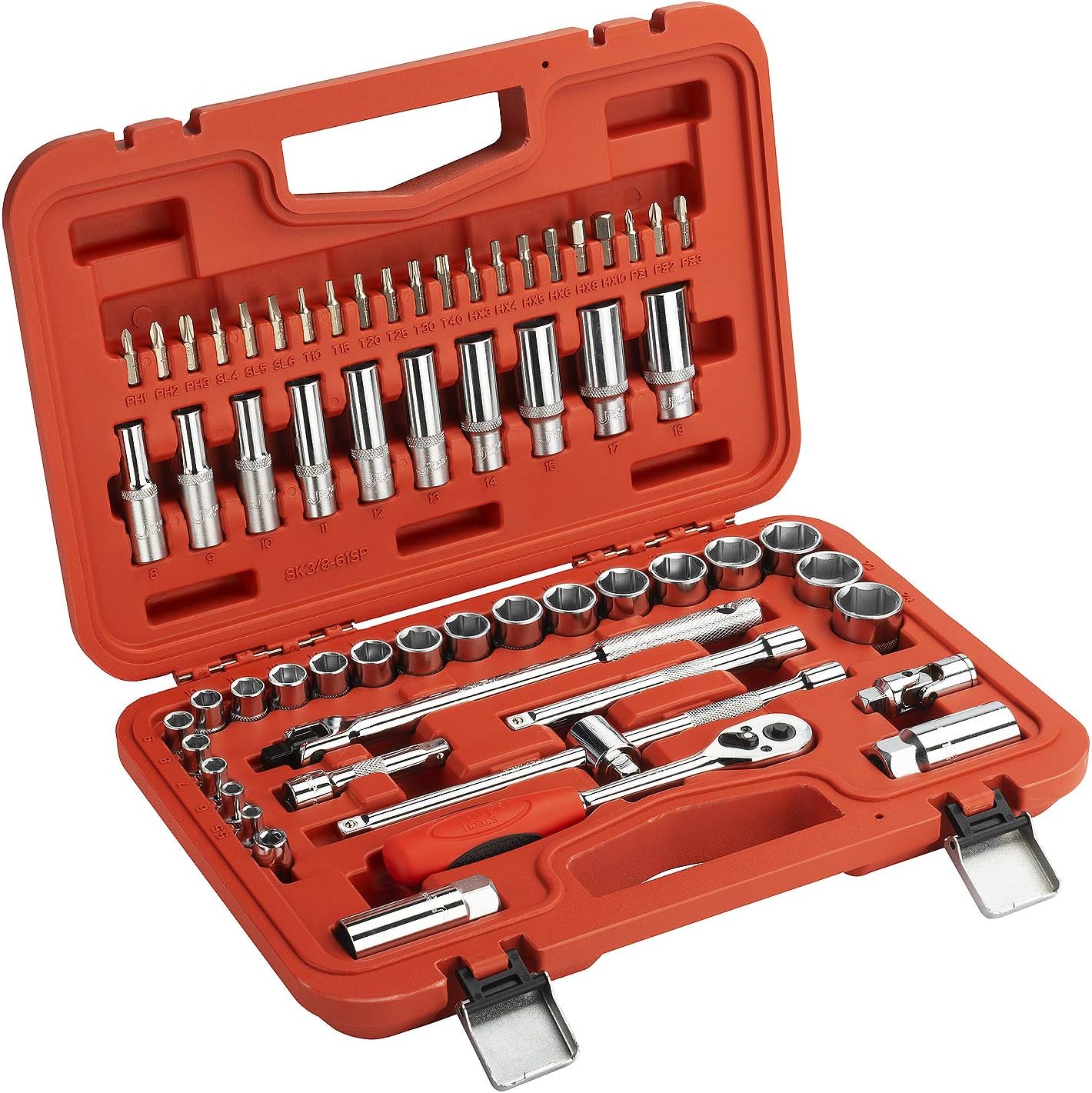 Jetech 61PCS 3/8-Inch Drive Socket Set, Includes Standard & Deep Sockets(deep 8-19mm)(5.5-24 standard),6 Point, Cr-V, 3/8-Inch Drive Ratchet Handle, Drive Extension Bar, Impact Universal Joint