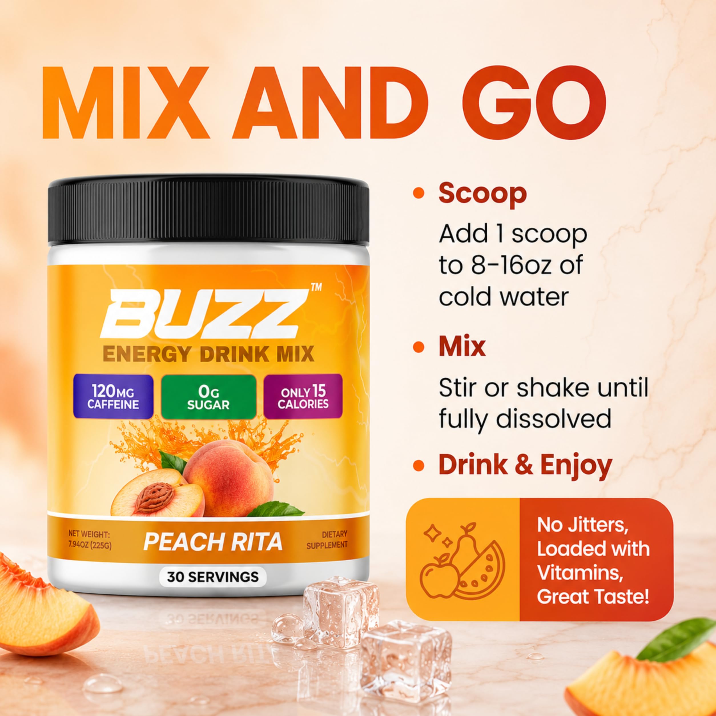 Sugar Free Energy Drink Powder - 18 Vitamins & Minerals, Peach Rita Flavor — Amazon image 6
