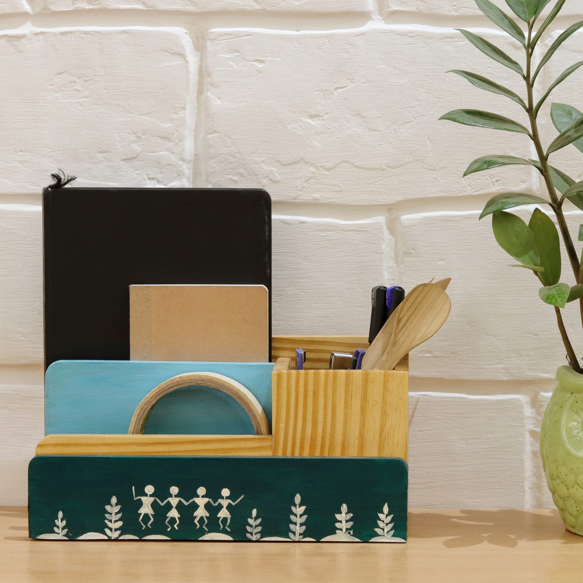 "Dancing Tribal" Hand Painted Wooden Desk Organizer, Pen Stand, Bookstand, Desk Setup, Desk Accesories, Wooden Handicrafts, Table Organizer, Table Decor