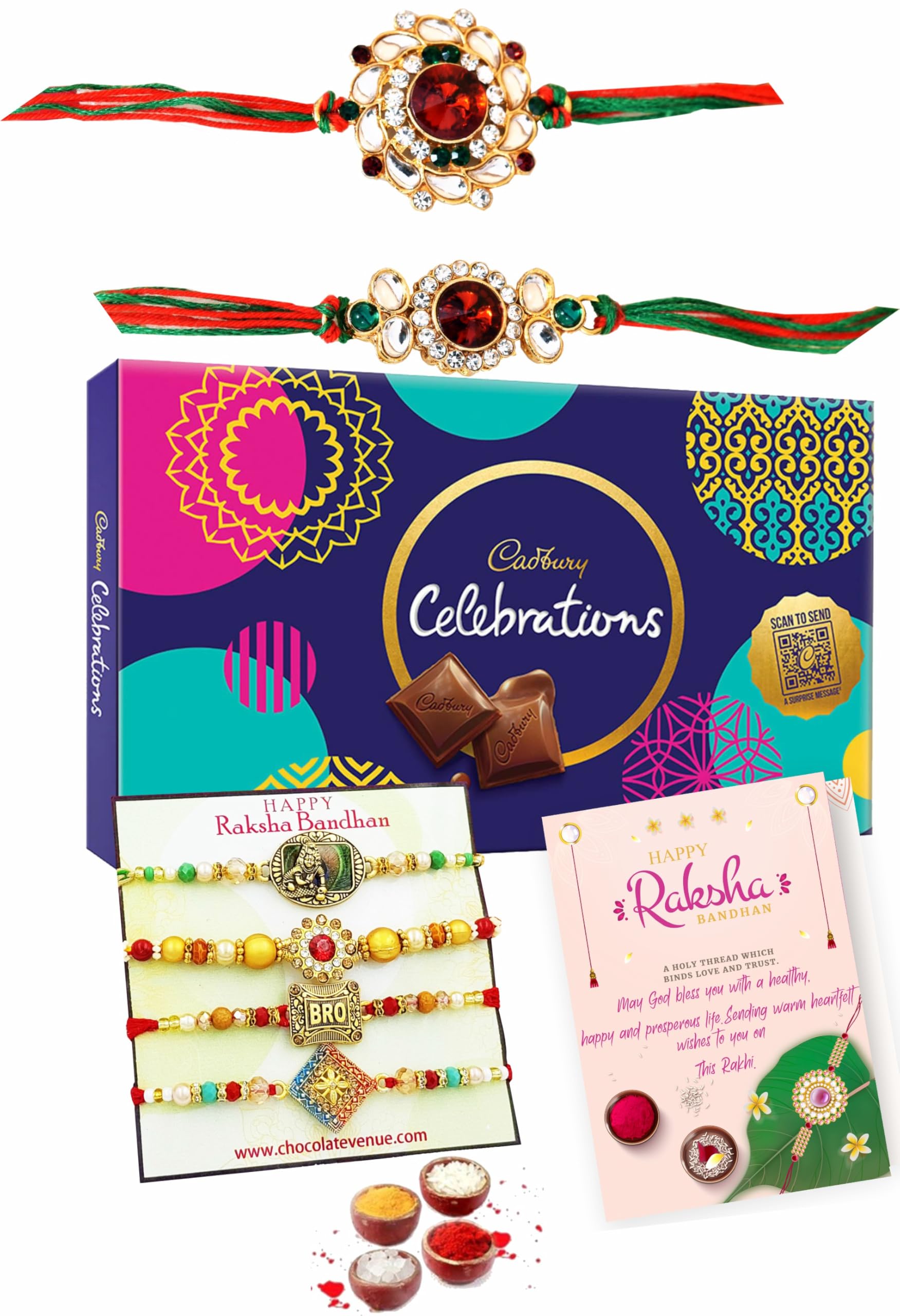 Rakhi for Brother and Bhabhi with Gift Combo Set-Set of 6 Rakhi with Celebration Chocolate Box for Family, Bhaiya, Sister in Law,Kids/Children with Tikka,Kundan Rakhi-Rakhsabandhan Gift Hamper-image-40