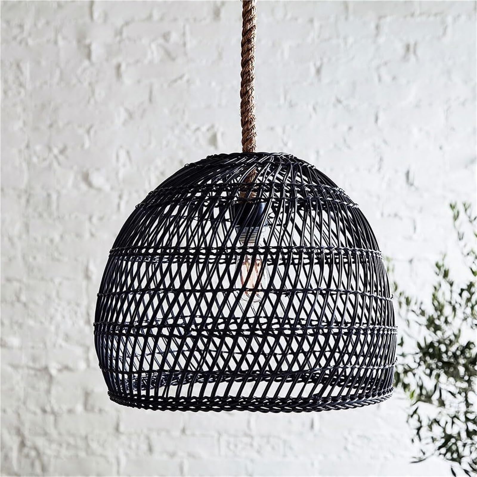 KHUKHU Black Imitation Rattan Pendant Lamp Farmhouse Wicker Basket Chandelier, Unique Weave Hollow Hanging Light Living Dining Room Balcony Hanging Lamps Modern Decoration Lantern(47 * 39cm)
