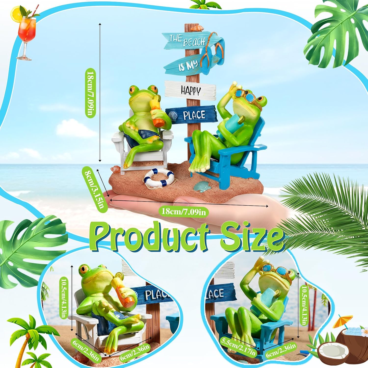 Wonderjune Beach Christmas Decor Costal Chair Resin with Animal Figurine Signs Ornament for Xmas Beach House Table Mantle Tabletop Decoration or Housewarming 7x7 Inch (Frog)
