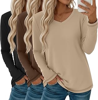Sponsored Ad - Oakgarden 3 Pack Women's Long Sleeve T Shirts, Casual V Neck Tops Loose Fit Basic Tees Soft Fall Tee Shirts...