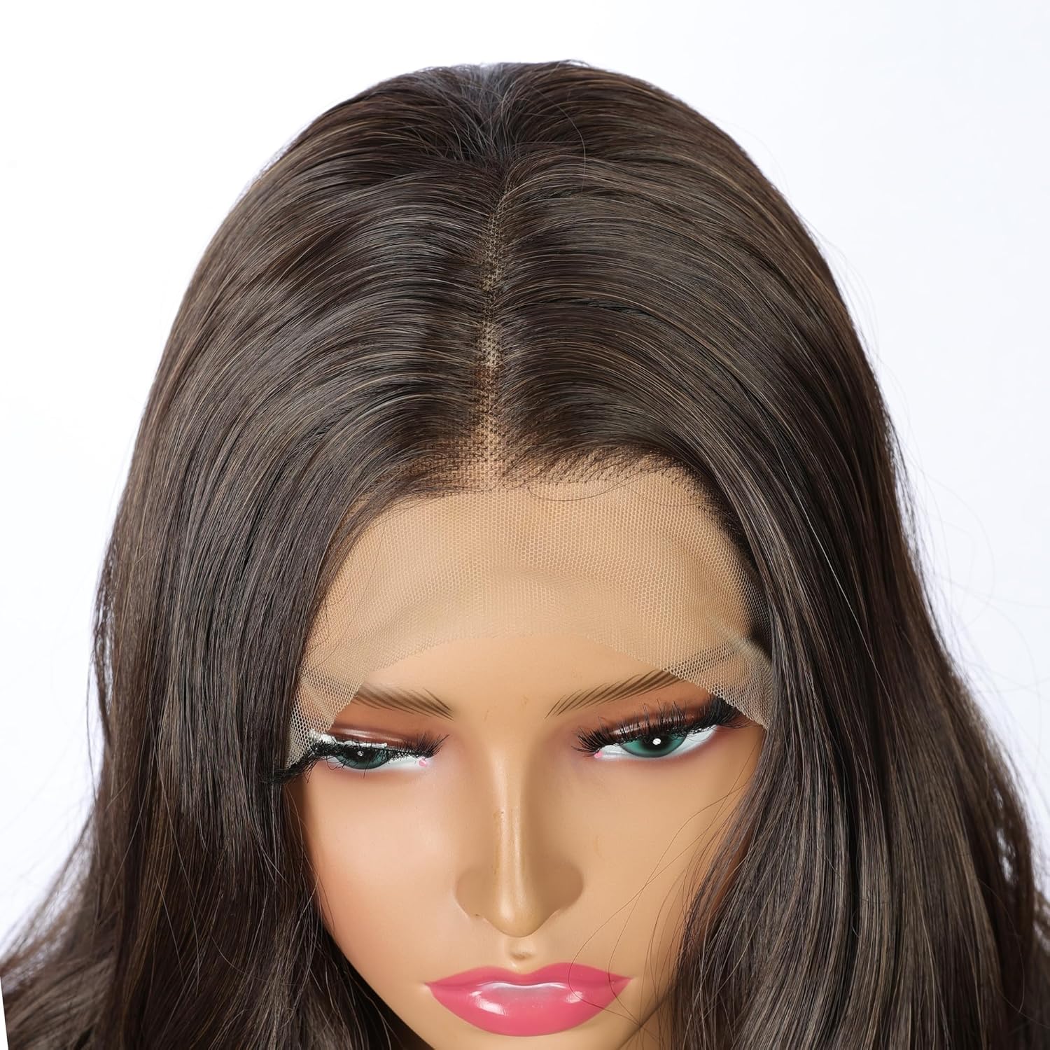 Derun Long Wavy HD Lace Synthetic Wig Skin Melt Swiss Lace Front Wigs 24 Inch Highlight Brown Colored Heat Resistant Fiber Transparent Lace Wigs for Women (2/30)