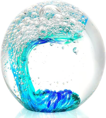 Figuras de bola de cristal hechas a mano con olas del océano sopladas a mano, orbes azules con decoración de acuario verde, bola de vidrio