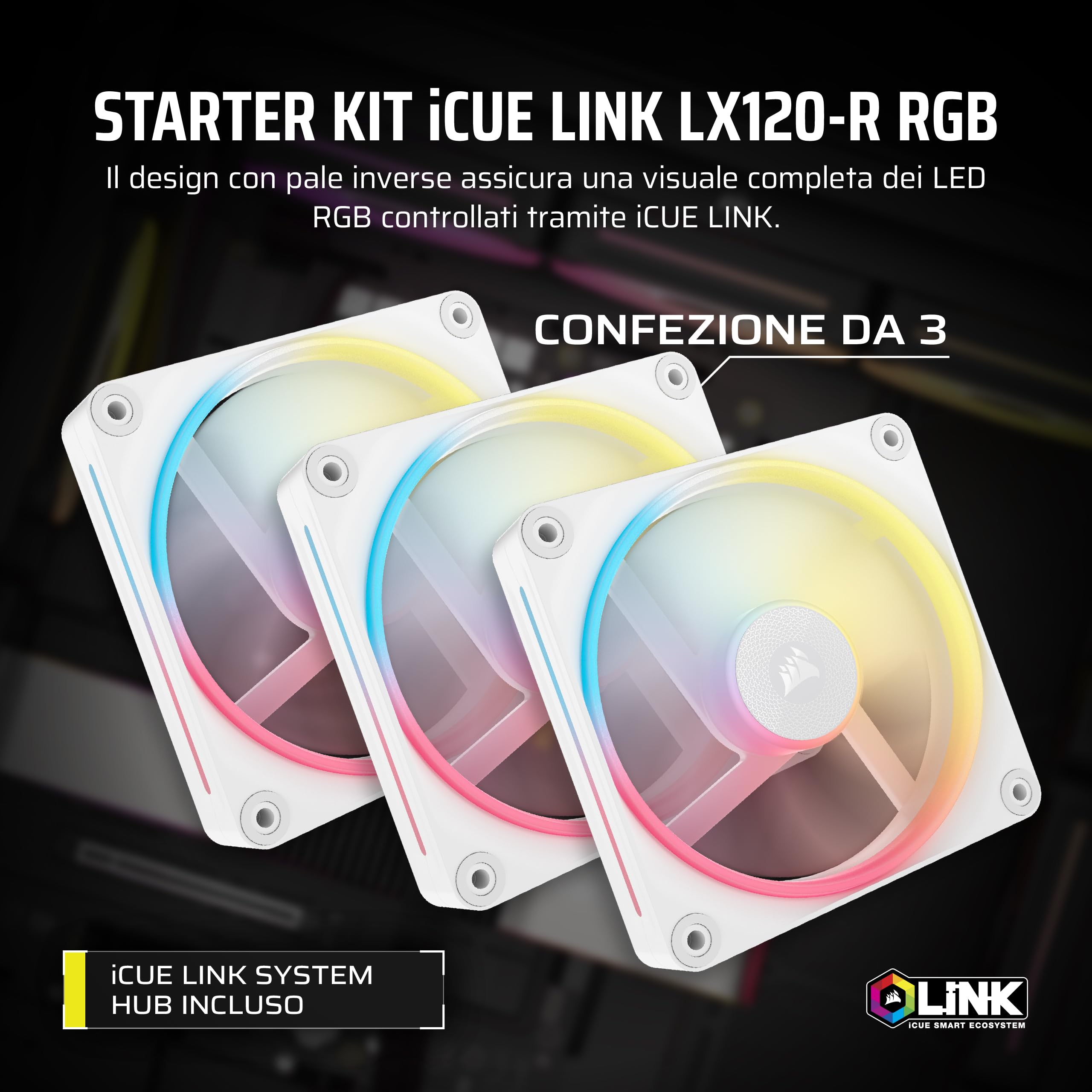 CORSAIR iCUE LINK LX120-R RGB 120mm Ventole PWM Invertite – Kit Tripla Ventola – Basso Rumore, CORSAIR Cuscinetto Magnetico a Cupola, Doppio Anello Luminoso, Viti QuikTurn™, Modalità Zero RPM – Bianco
