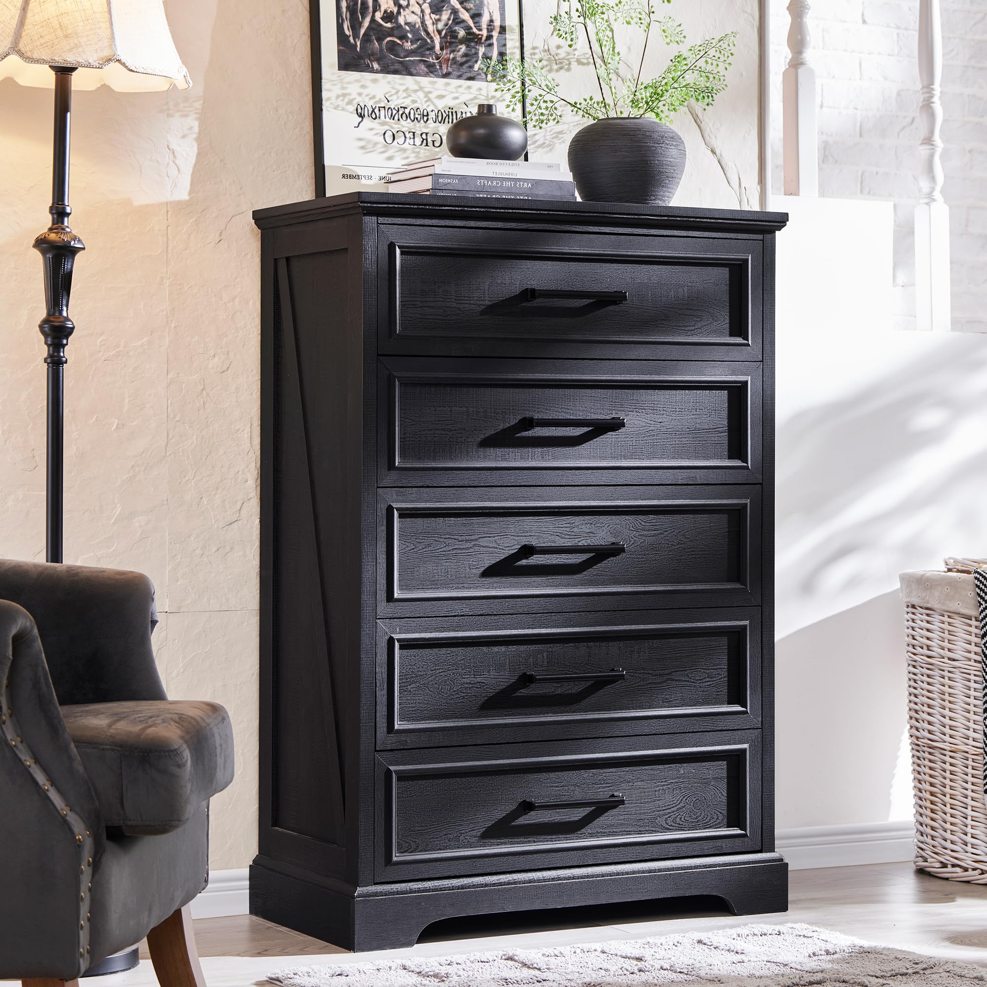Farmhouse 5 Drawers Dresser Chests for Bedroom,46" Tall Wood Rustic Chest of Drawers with Wide Metal Handle,Natural Texture,Drawer Organizer for Bedroom,Living Room,Hallway and Entryway,Black