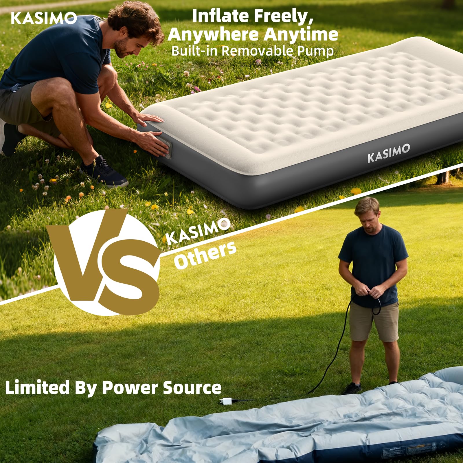 KASIMO Colchón de aire con bomba integrada, inflable TPU con almohada, para camping viajes casa de invitados individual
