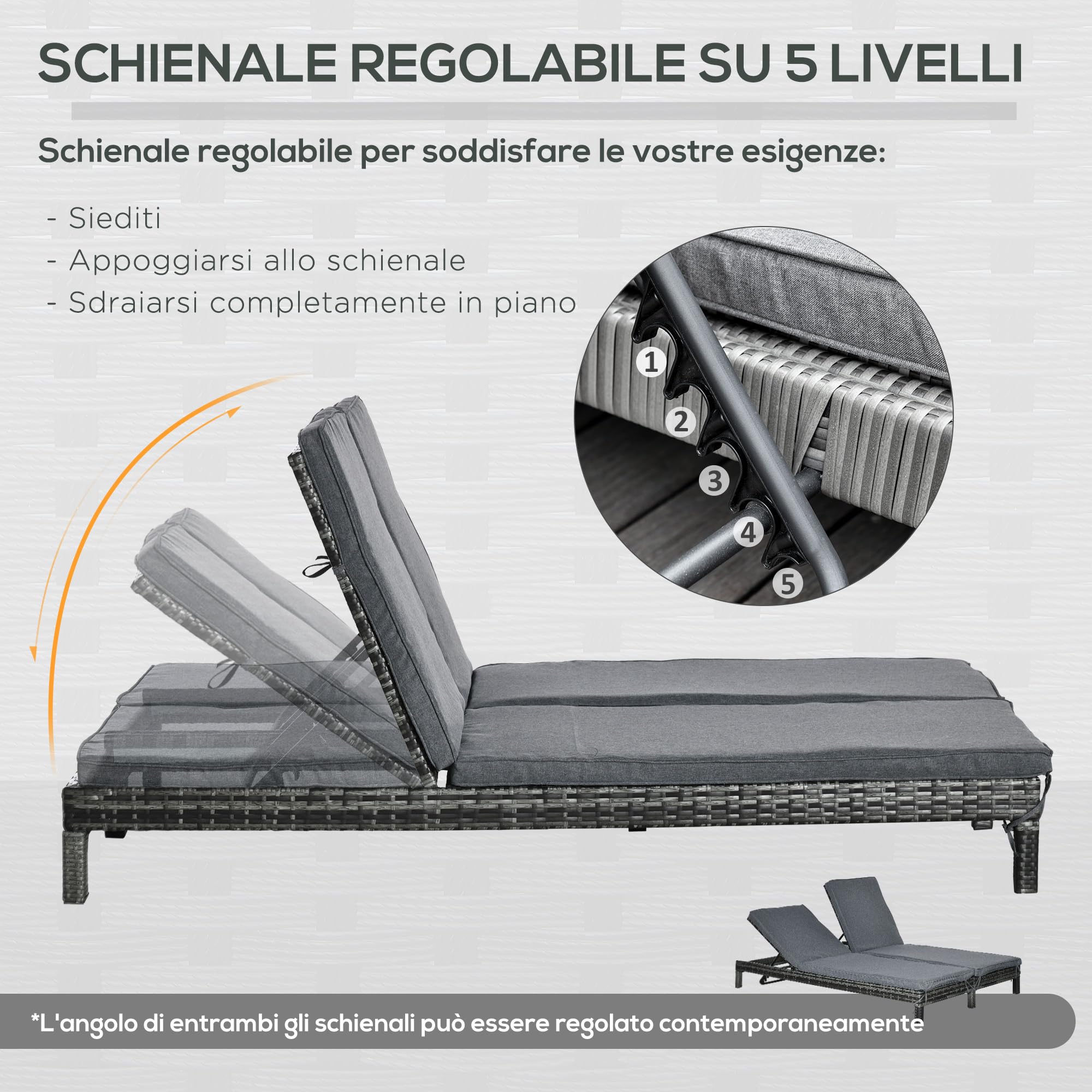 Outsunny Lettino Prendisole a 2 Posti 196x120x28cm Grigio