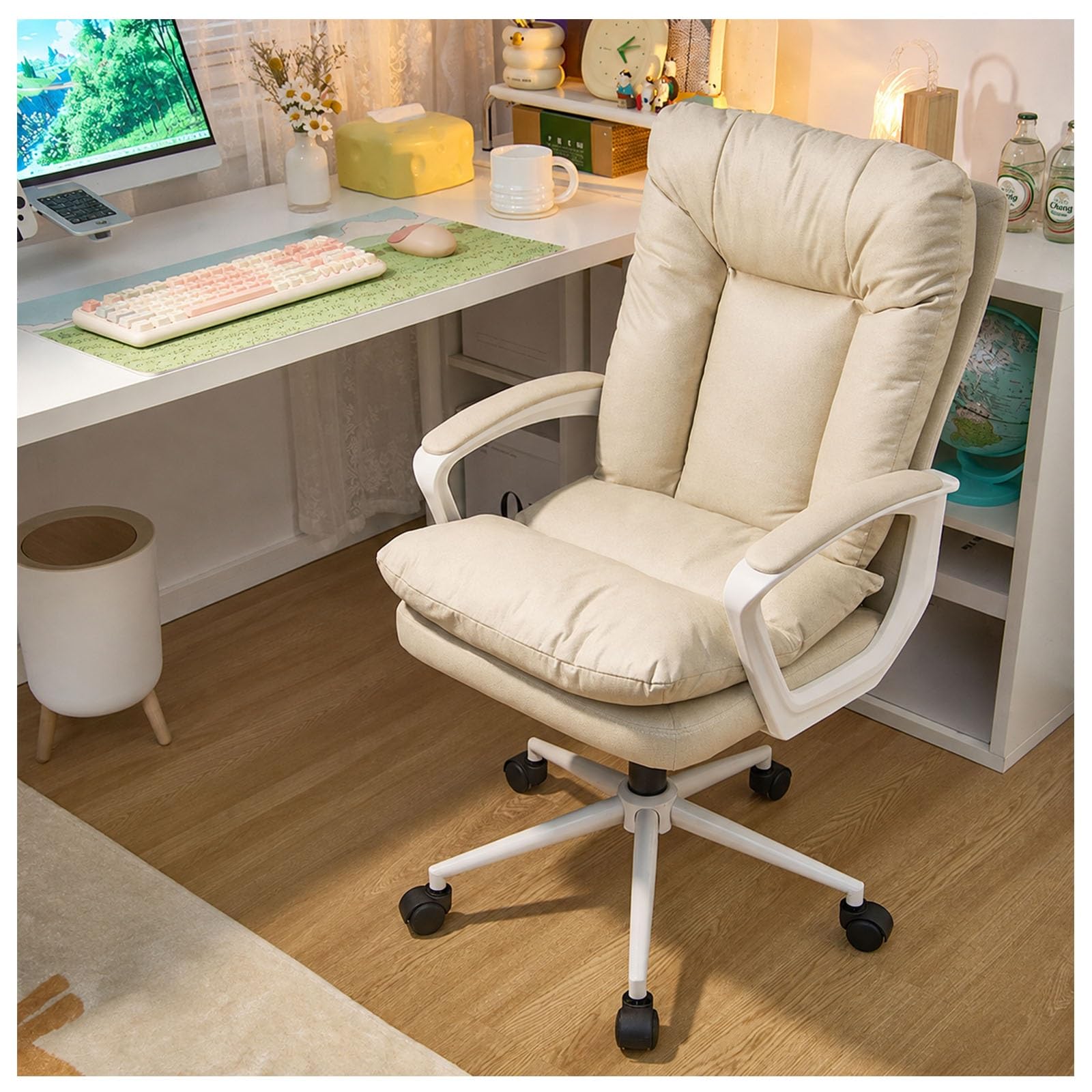 Generico Sedia da Ufficio Ergonomica, Schienale Alto con Cuscino Imbottito | Sedia Ufficio in Tessuto, Schienale Alto, Cuscino Spesso, Supporto Lombare, Ruote Girevoli, Casa e Camera(Khaki)