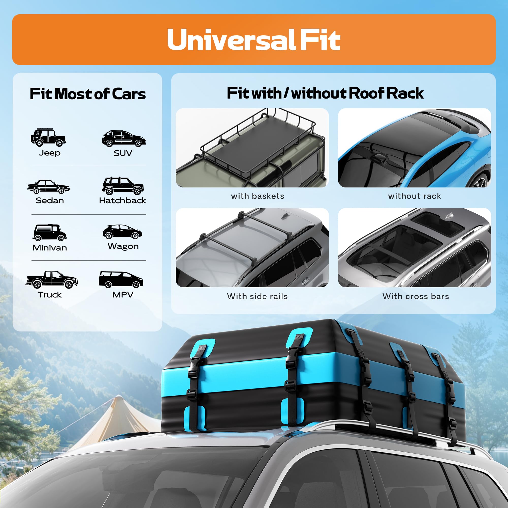 Coffre de toit de voiture 437 l, sac de toit pliable en PVC avec tapis antidérapant, sangles de serrage renforcées, 6 crochets de porte et serrure à combinaison, compatible avec SUV, camionnette