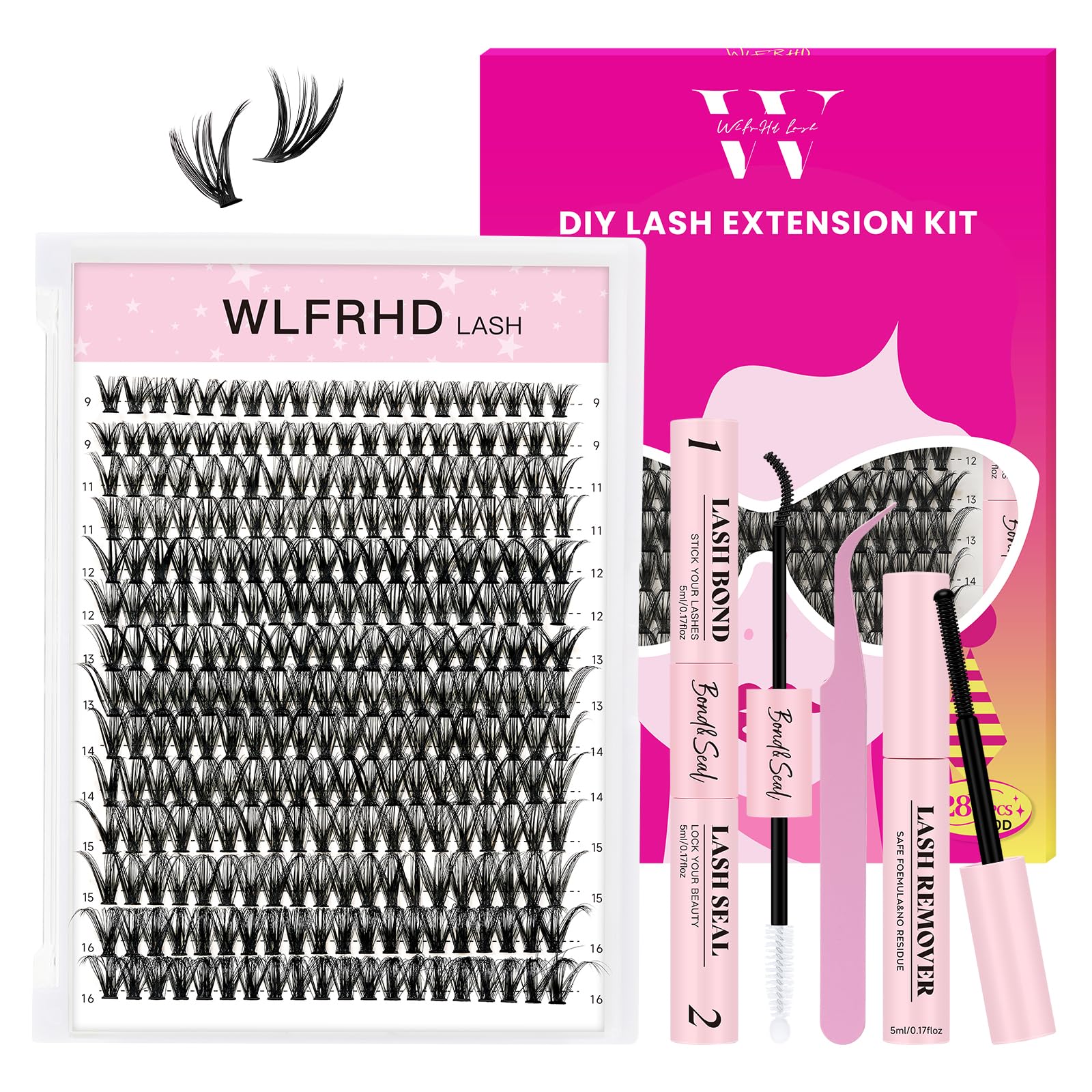 Lash Clusters Kit 280 Pcs DIY Individual Cluster Lashes D Curl Lash Extension Kit with Eyelash Bond and Seal, Remover, Tweezers Applicator Tool for