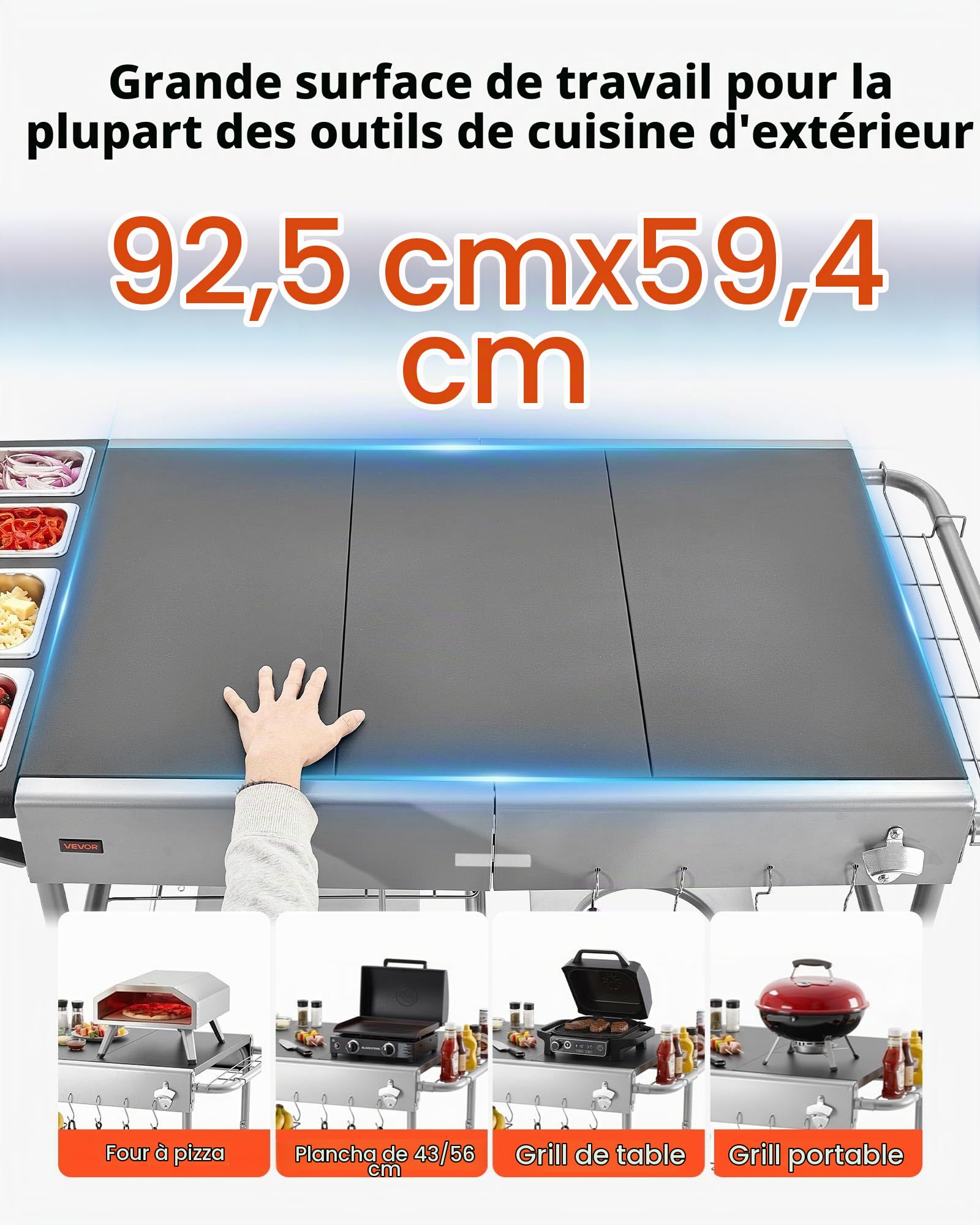 VEVOR Desserte de Jardin pour Plancha, Chariot de Barbecue 136x76x79 cm, pour Préparation de Cuisine BBQ Piques-niques Terrasse Extérieur, avec Roues, Récipients à Épices, Couvercles et Crochets
