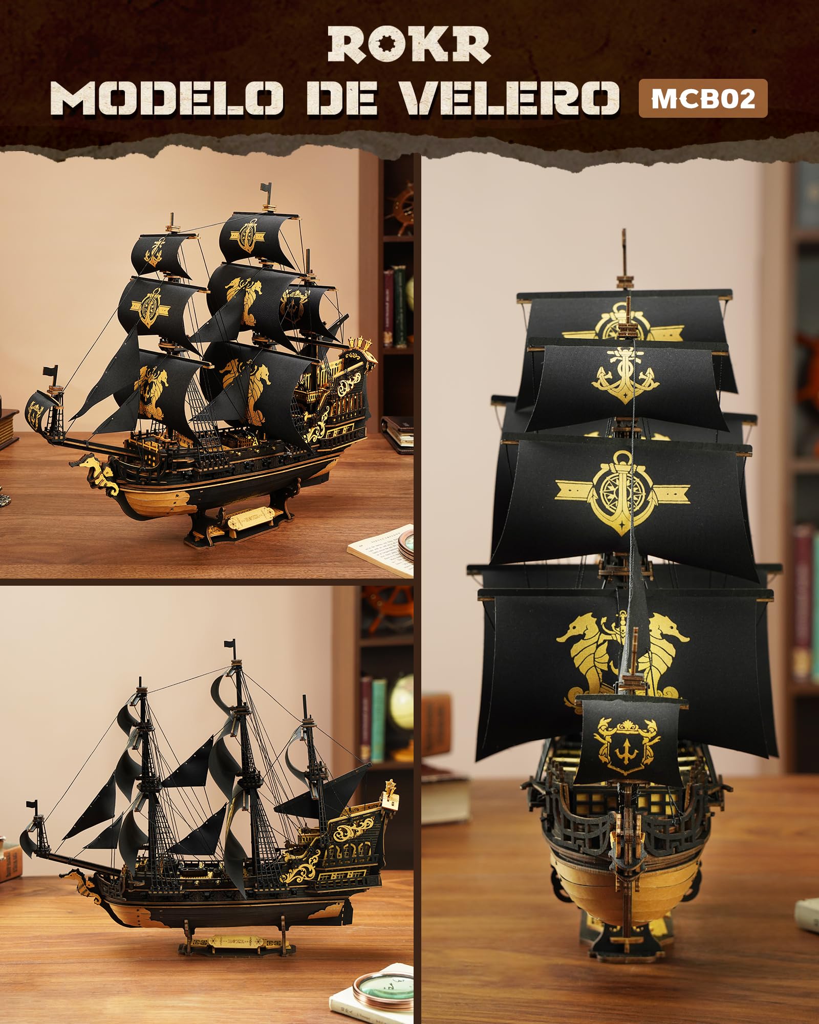 ROKR Kits de Maquetas de Barcos de Madera Con Rompecabezas 3D Para Adultos, Velero Mecánico DIY, Maquetas Para Adultos, The Seahorse Barque MCB02