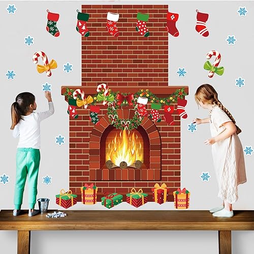 Miniatura 7 de Tatuo 71 tablones de anuncios para chimenea de Navidad, fondo de chimenea de ladrillo, árbol de Navidad, dulces, copos de nieve, recortes para aula