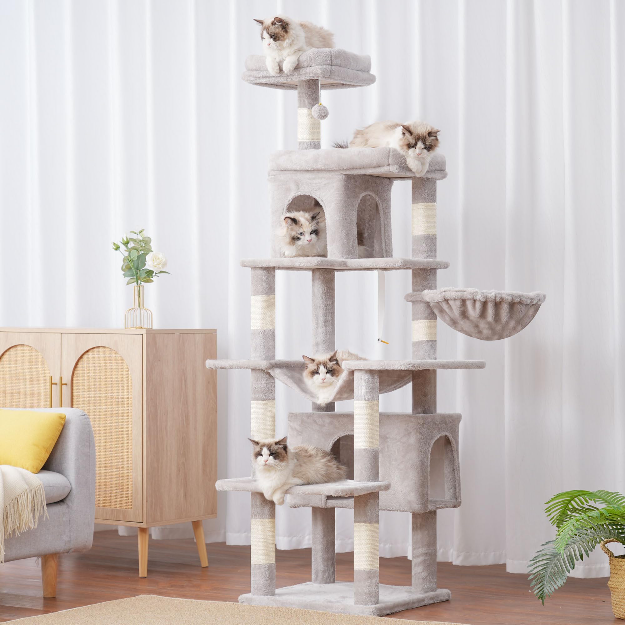 Heybly Arbre À Chat, De 178 cm De Hauteur, Colonne À Griffer pour Les Chats D'Intérieur, Arbre À Chat Multi-Étagé avec 8 Colonnes À Griffer, 2 Trou, 2 Plateformes, Hamac, Panier, Gris Foncé HCT036W