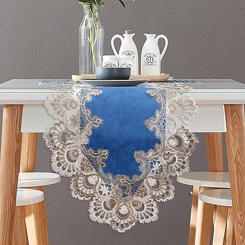 Camino de mesa de comedor de encaje vintage, pequeño macramé, 48 pulgadas de largo para decoración de fiesta de Navidad (16 x 48 pulgadas, azul)