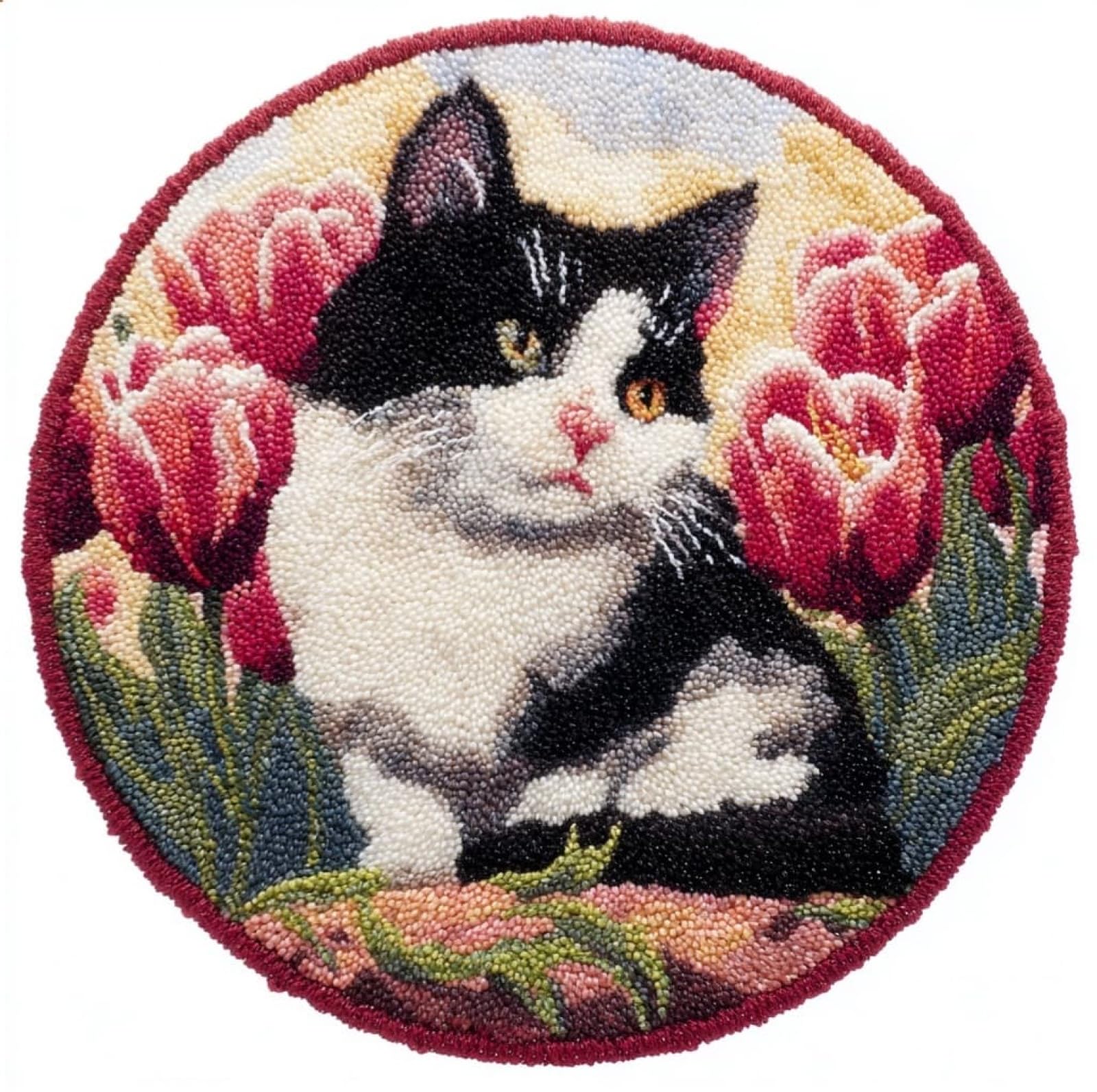 WallustrioaW Latch Hook Rug Carpet Kits for Adult,Tulips and Cats,DIY Latch Hook Rug Kits with Pre-Printed Pattern,Carpet Handcraft Embroidery for Christmas,50x50cm
