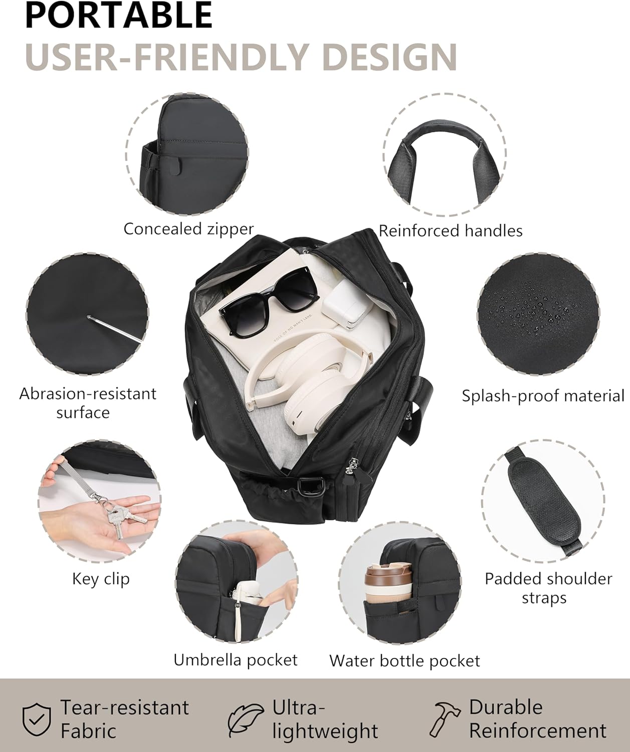 Expandable Duffle Bag for Travel, Carry On Luggage & Gym Bag for Women & Men, Small Personal Item Travel Bag, Overnight Weekender & Tote for Airplane Essentials (Black)