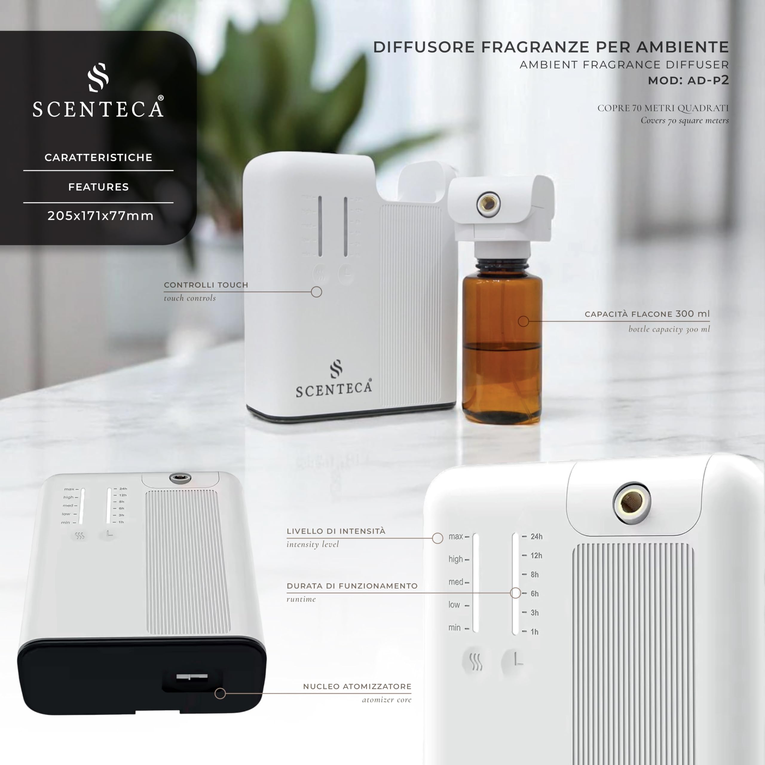 SCENTECA Diffusore elettrico di oli essenziali AD-P2 fragranza Summer Scent inclusa, nebulizzazione senza acqua, programmabile via App, copertura fino a 70 m² (100 ml)
