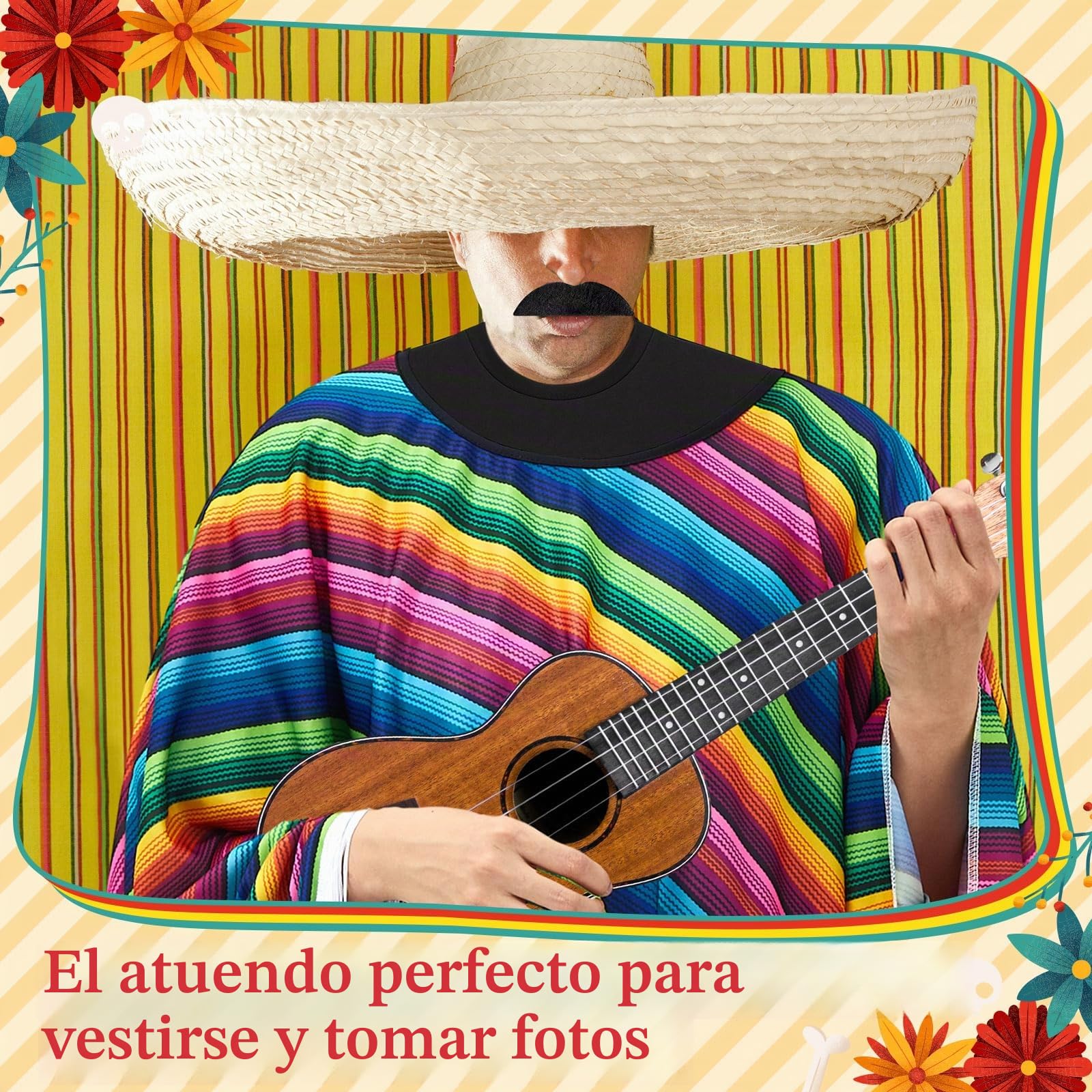 Hicarer Set de 3 Disfraces de Carnaval Mexicanos Poncho Mexicano Colorido Sarape de Fiesta Festivo Bigote Divertido Cigarro Falso para Hombre Mujer Adulto Cosplay Traje Accesorio (Color brillante)