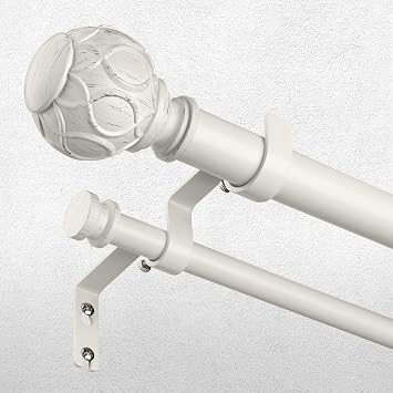 White Double Curtain Rod, 72 to 144 Inch Extra Long Dual Curtain Rods with Boho Netted Texture Finial, Decorative 1 Inch Adjustable Window Treatment Rods, Antique Vintage Farmhouse Double Drapery Pole