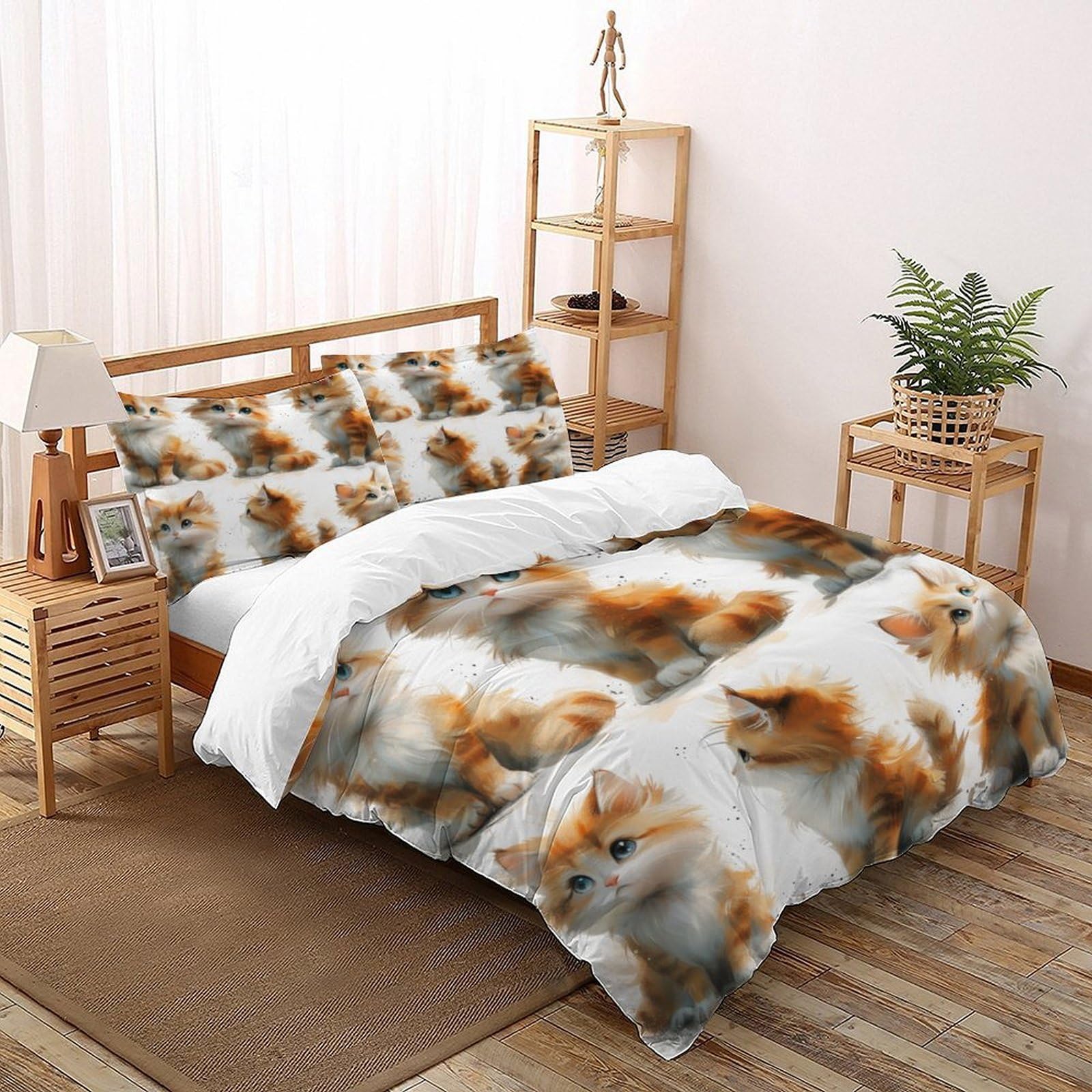 Housse de couette chat orange 200x200 avec 2 taies d'oreiller en microfibre pour lit deux personnes